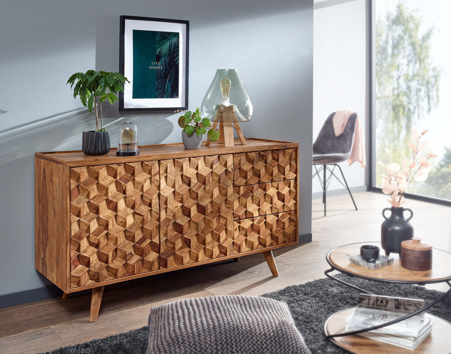 Sideboard 138 mal 76 mal 45 cm Sheesham Massivholz Anrichte mit Tueren und Schubladen Kommode Kommodenschrank Holz Modern Standschrank Wohnzimmer