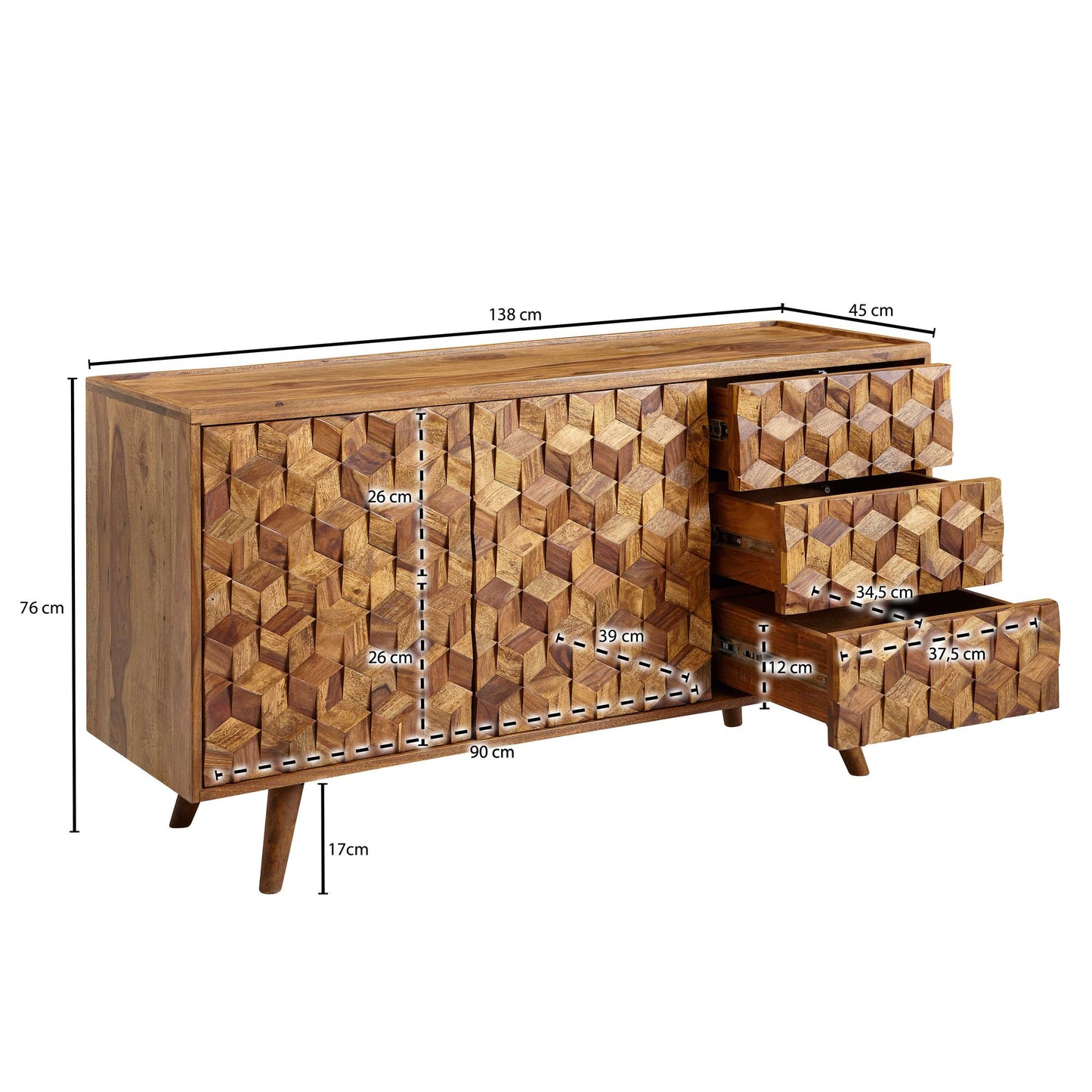 Sideboard 138 mal 76 mal 45 cm Sheesham Massivholz Anrichte mit Tueren und Schubladen Kommode Kommodenschrank Holz Modern Standschrank Wohnzimmer