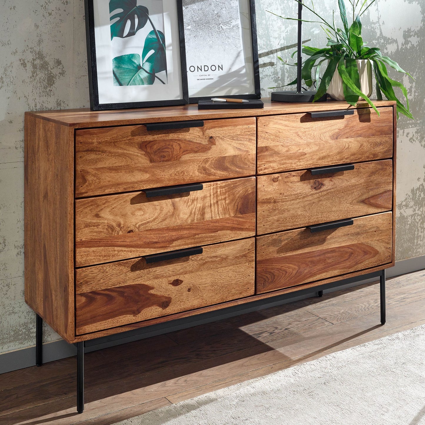 Kommode 117 mal 80 mal 42 cm Sheesham Massivholz Metall Schubladenkommode Industrial Sideboard Kommodenschrank Holz Modern Standschrank Anrichte Wohnzimmer