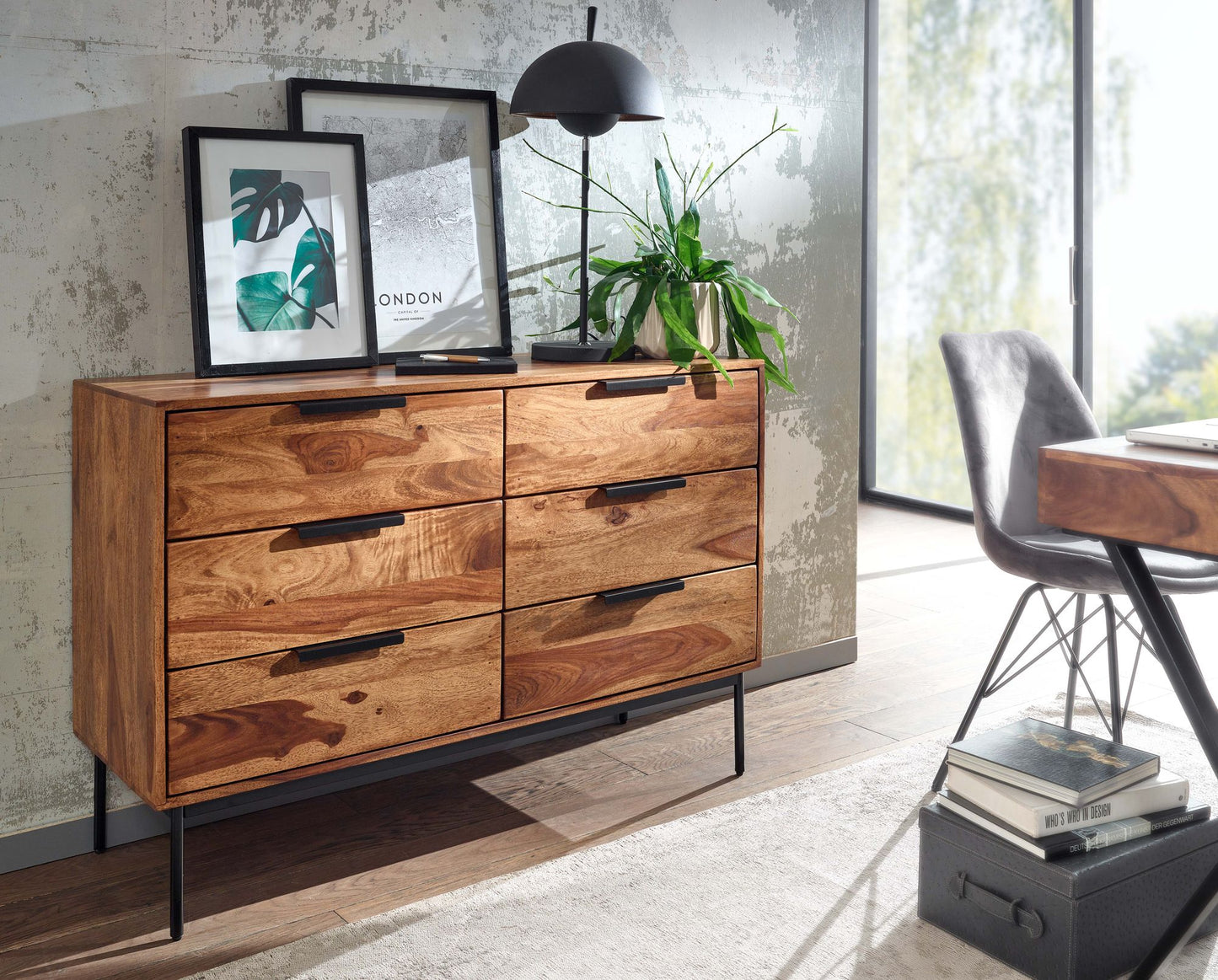 Kommode 117 mal 80 mal 42 cm Sheesham Massivholz Metall Schubladenkommode Industrial Sideboard Kommodenschrank Holz Modern Standschrank Anrichte Wohnzimmer