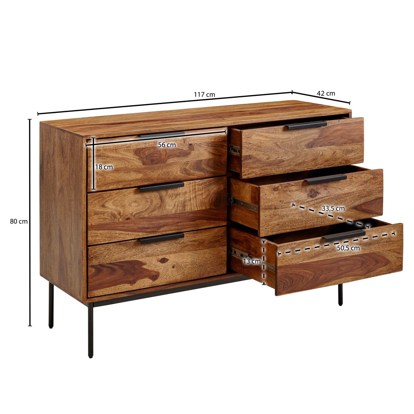 Kommode 117 mal 80 mal 42 cm Sheesham Massivholz Metall Schubladenkommode Industrial Sideboard Kommodenschrank Holz Modern Standschrank Anrichte Wohnzimmer