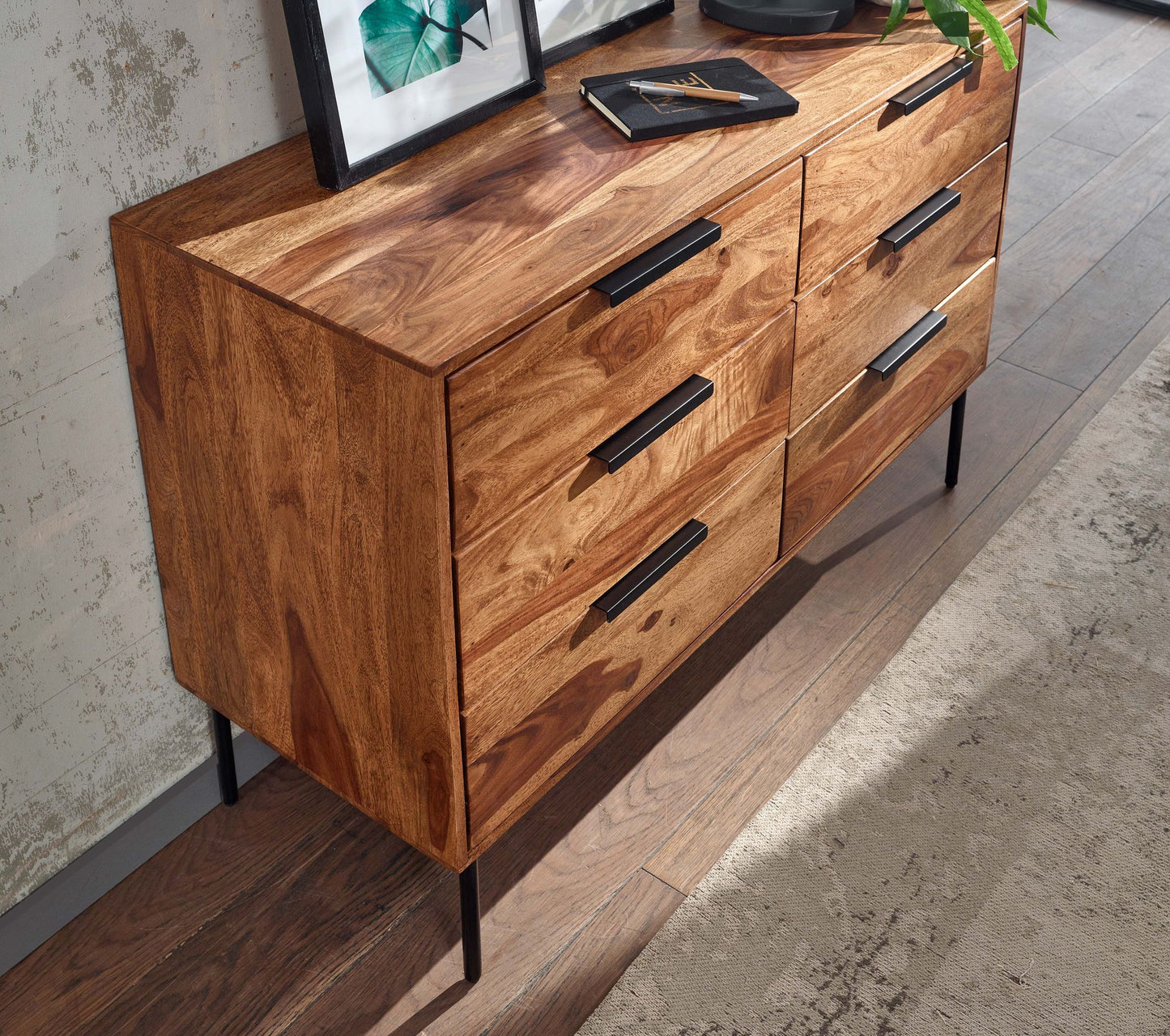 Kommode 117 mal 80 mal 42 cm Sheesham Massivholz Metall Schubladenkommode Industrial Sideboard Kommodenschrank Holz Modern Standschrank Anrichte Wohnzimmer