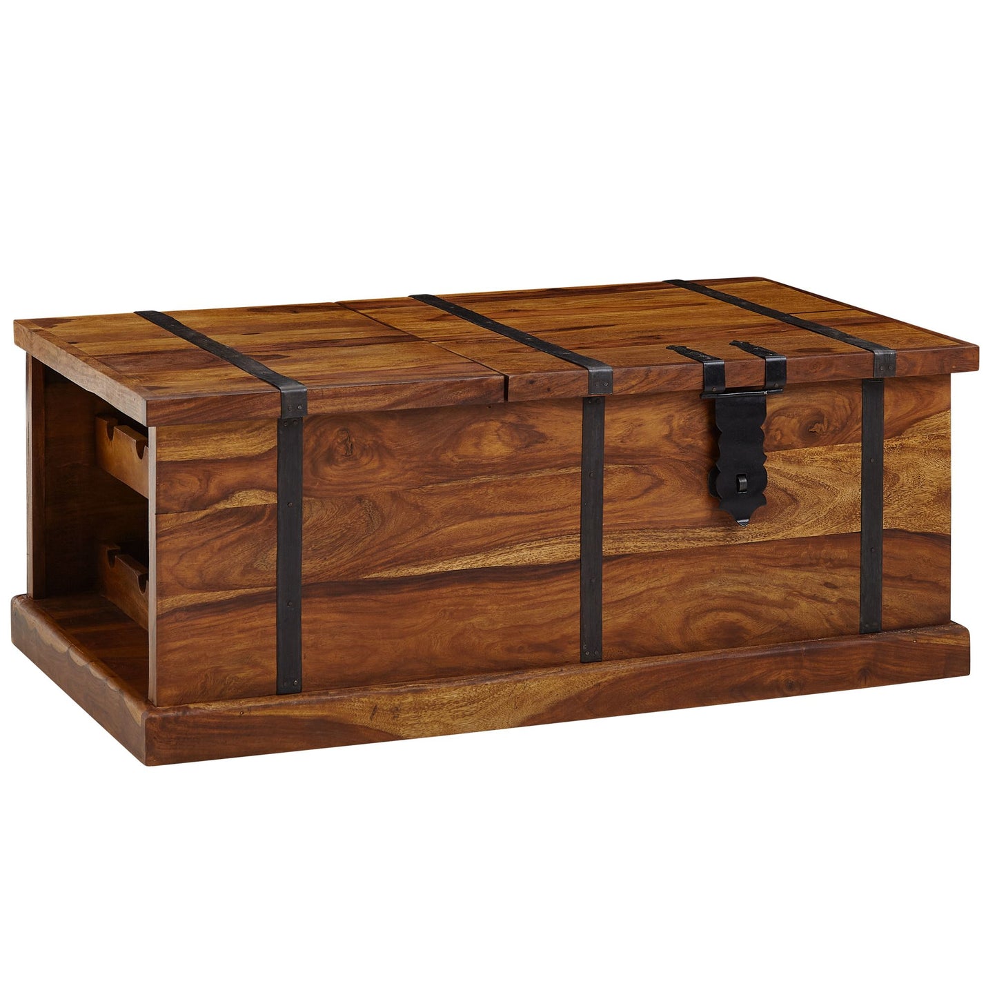 Couchtisch 100 mal 60 mal 40 cm Sheesham Massivholz Truhentisch mit Weinregal Design Wohnzimmertisch mit Stauraum Sofatisch Stubentisch Modern Holztisch Wohnzimmer