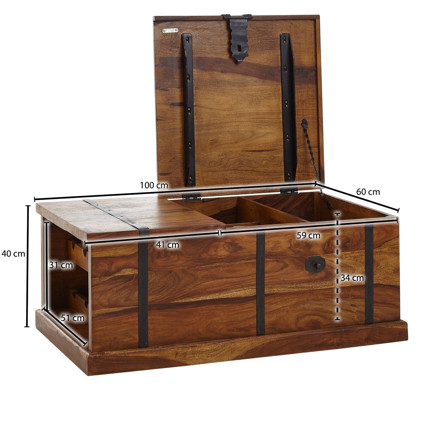 Couchtisch 100 mal 60 mal 40 cm Sheesham Massivholz Truhentisch mit Weinregal Design Wohnzimmertisch mit Stauraum Sofatisch Stubentisch Modern Holztisch Wohnzimmer