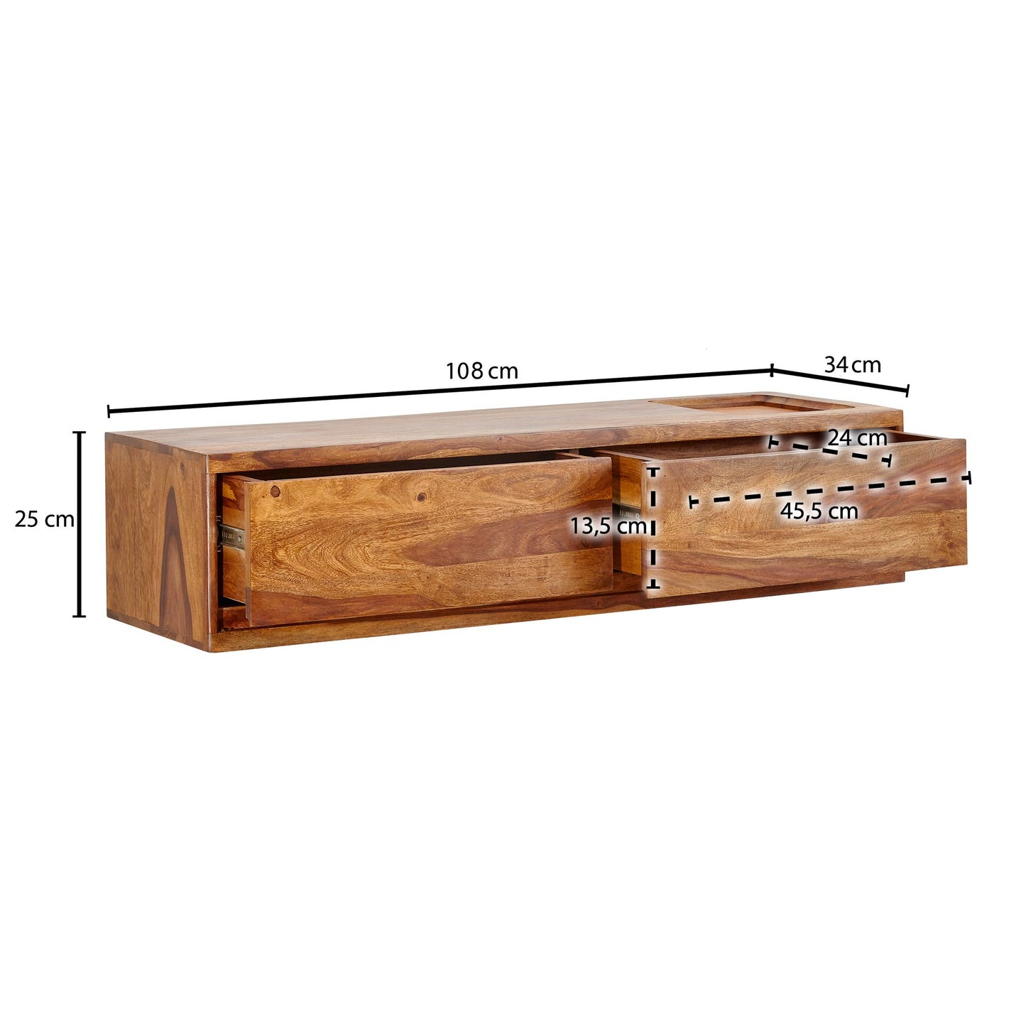 Lowboard Haengend Sheesham Massivholz 108 mal 25 mal 34 cm TV Schrank Braun Design Fernsehtisch mit Stauraum Fernsehschrank Wand Modern TV Kommode Fernsehkommode zum Aufhaengen