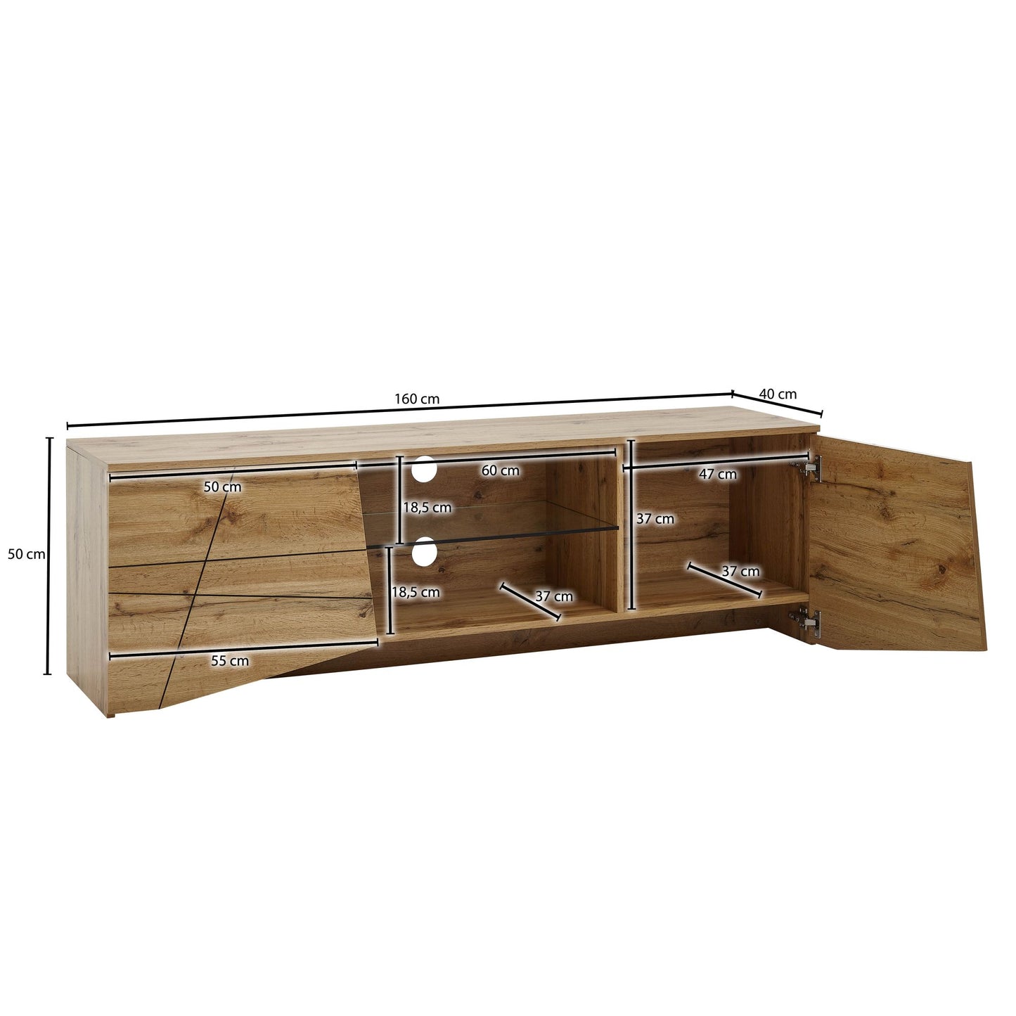 Lowboard Holz Eiche Dekor 160 mal 50 mal 40 cm TV Kommode mit zwei Tueren Design TV Schrank Hoch Fernsehtisch Fernsehschrank Modern Fernsehkommode Wohnzimmer