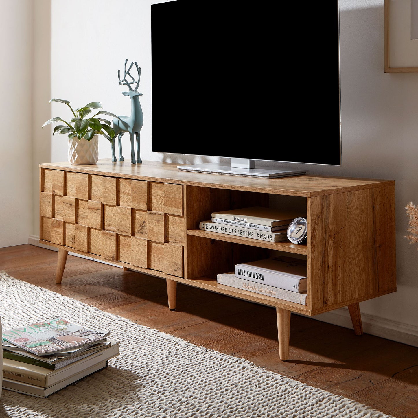 Lowboard Holz Eiche Dekor 160 mal 51 mal 40 cm TV Kommode mit zwei Tueren Design TV Schrank Hoch Fernsehtisch Fernsehschrank Modern Fernsehkommode Wohnzimmer