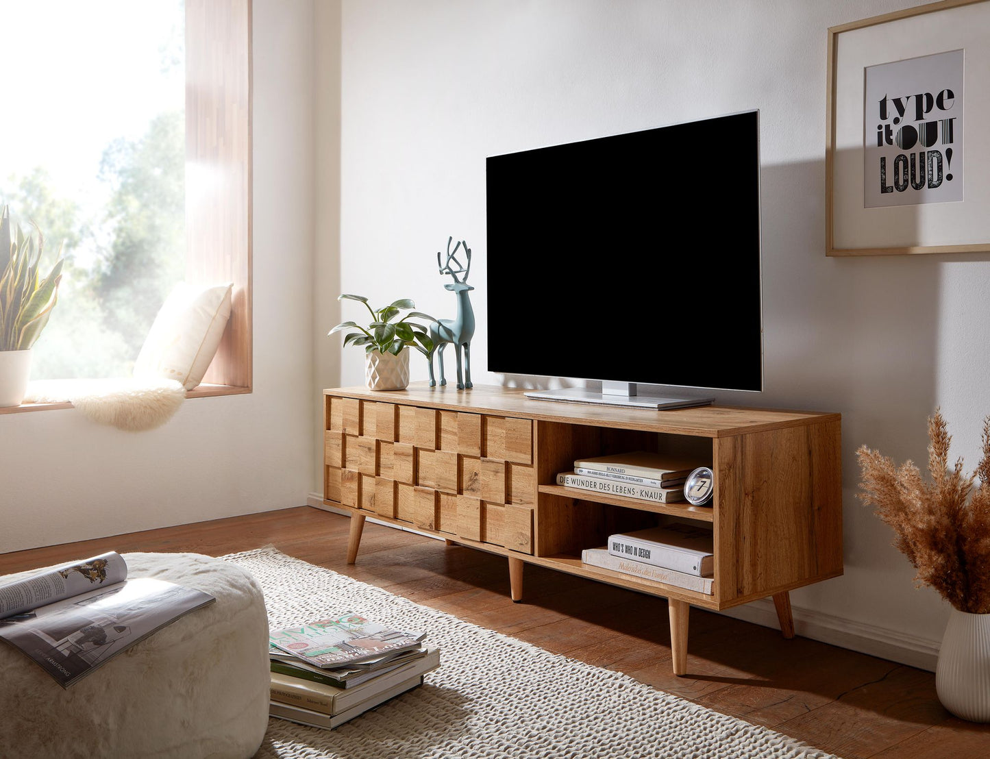 Lowboard Holz Eiche Dekor 160 mal 51 mal 40 cm TV Kommode mit zwei Tueren Design TV Schrank Hoch Fernsehtisch Fernsehschrank Modern Fernsehkommode Wohnzimmer