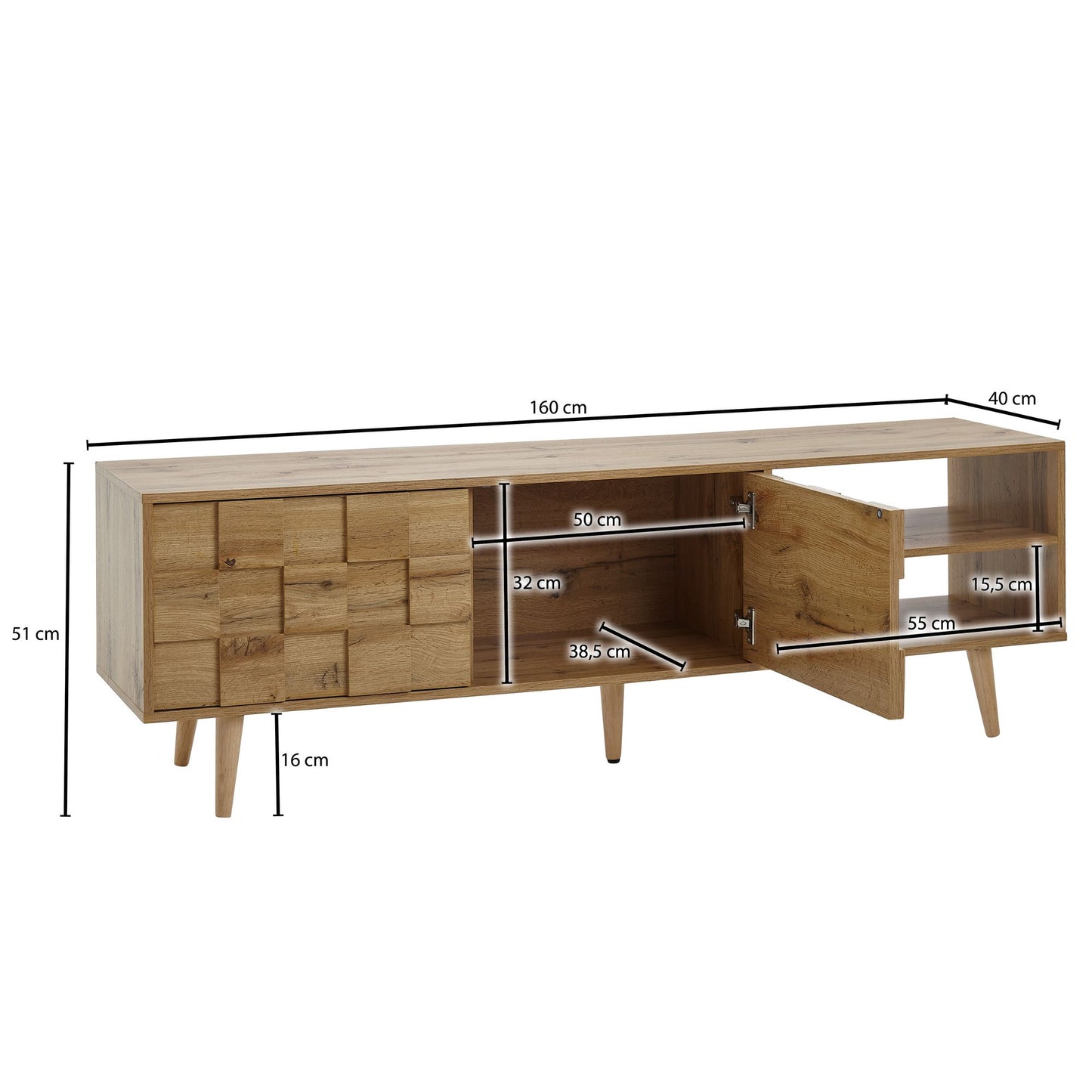 Lowboard Holz Eiche Dekor 160 mal 51 mal 40 cm TV Kommode mit zwei Tueren Design TV Schrank Hoch Fernsehtisch Fernsehschrank Modern Fernsehkommode Wohnzimmer