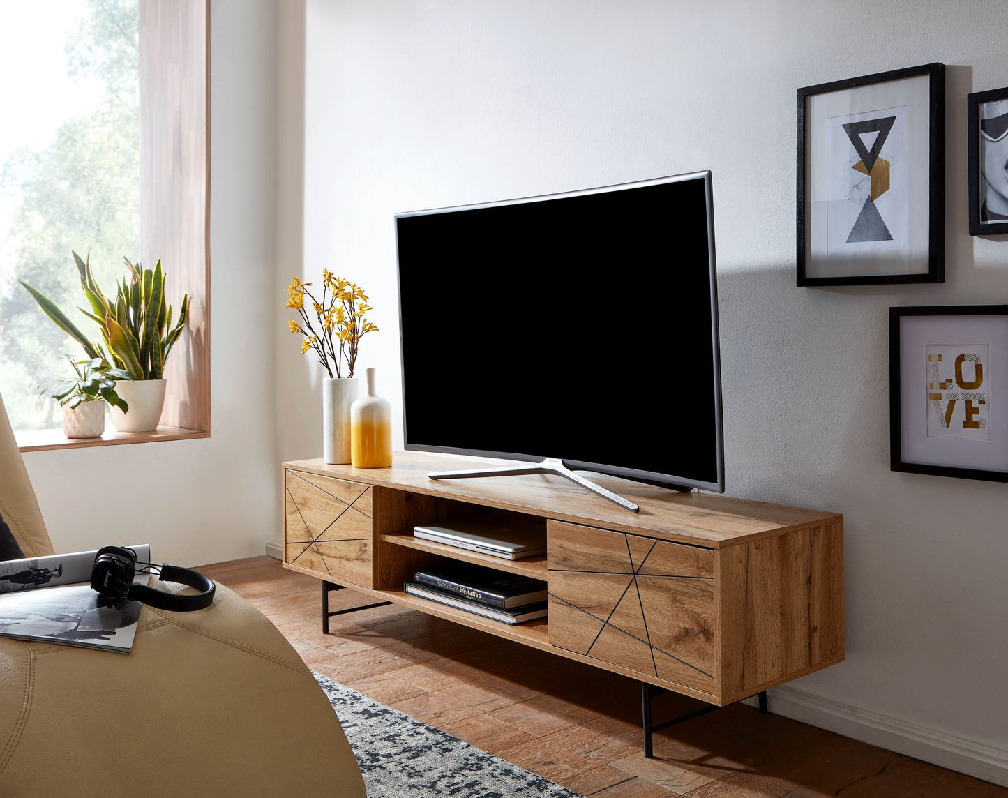 Lowboard Holz Eiche Dekor 160 mal 45 mal 40 cm TV Kommode mit zwei Tueren Design TV Schrank Hoch Fernsehtisch Fernsehschrank Modern Fernsehkommode Wohnzimmer