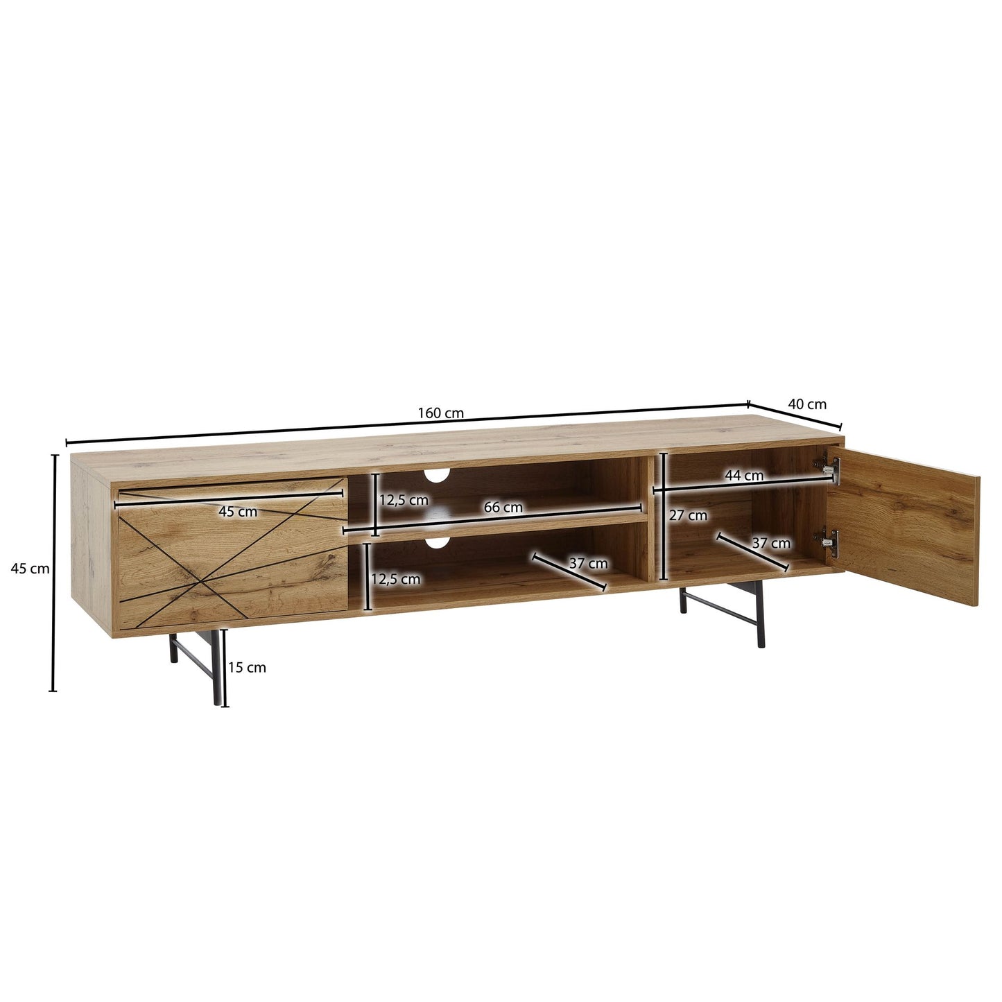 Lowboard Holz Eiche Dekor 160 mal 45 mal 40 cm TV Kommode mit zwei Tueren Design TV Schrank Hoch Fernsehtisch Fernsehschrank Modern Fernsehkommode Wohnzimmer