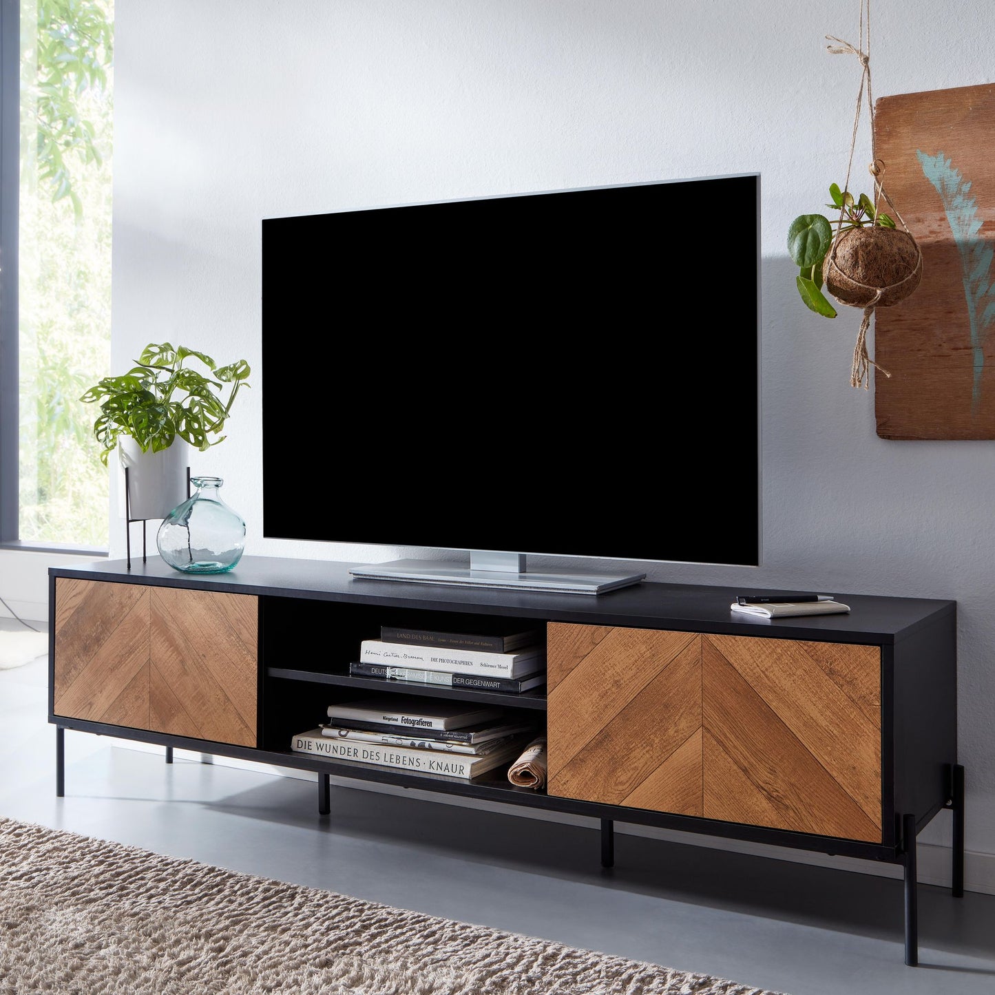 Lowboard Holz Schwarz Eiche Dekor 163 mal 45 mal 40 cm TV Kommode mit zwei Tueren Design TV Schrank Hoch Fernsehtisch Fernsehschrank Modern Fernsehkommode Wohnzimmer