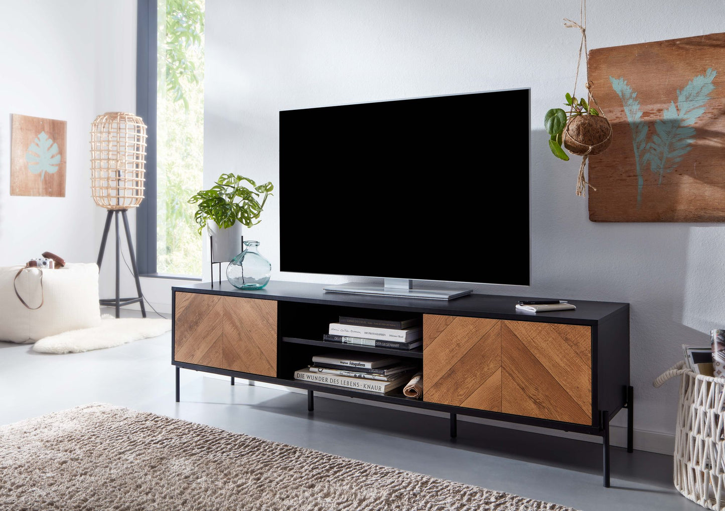 Lowboard Holz Schwarz Eiche Dekor 163 mal 45 mal 40 cm TV Kommode mit zwei Tueren Design TV Schrank Hoch Fernsehtisch Fernsehschrank Modern Fernsehkommode Wohnzimmer