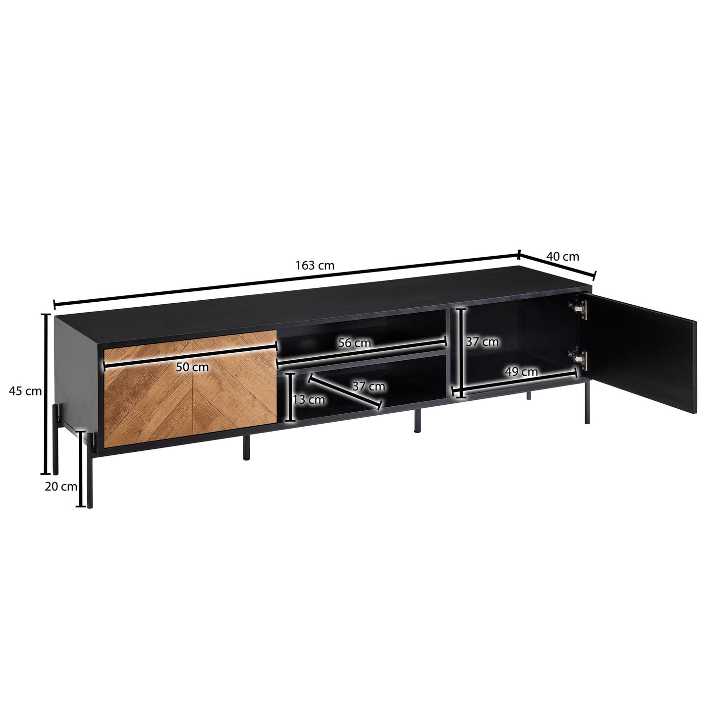 Lowboard Holz Schwarz Eiche Dekor 163 mal 45 mal 40 cm TV Kommode mit zwei Tueren Design TV Schrank Hoch Fernsehtisch Fernsehschrank Modern Fernsehkommode Wohnzimmer