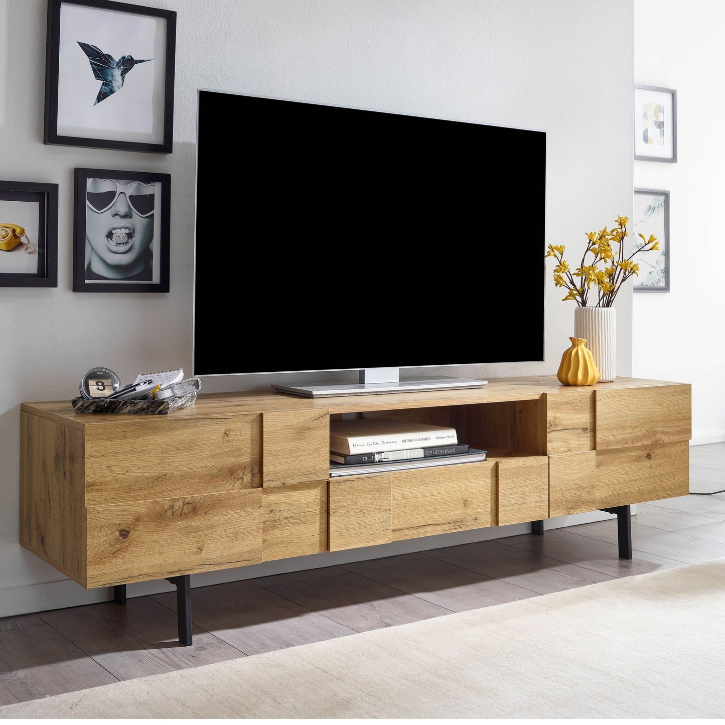 Lowboard Holz Eiche Dekor 160 mal 46 mal 43 cm TV Kommode mit zwei Tueren Design TV Schrank Hoch Fernsehtisch Fernsehschrank Modern Fernsehkommode Wohnzimmer