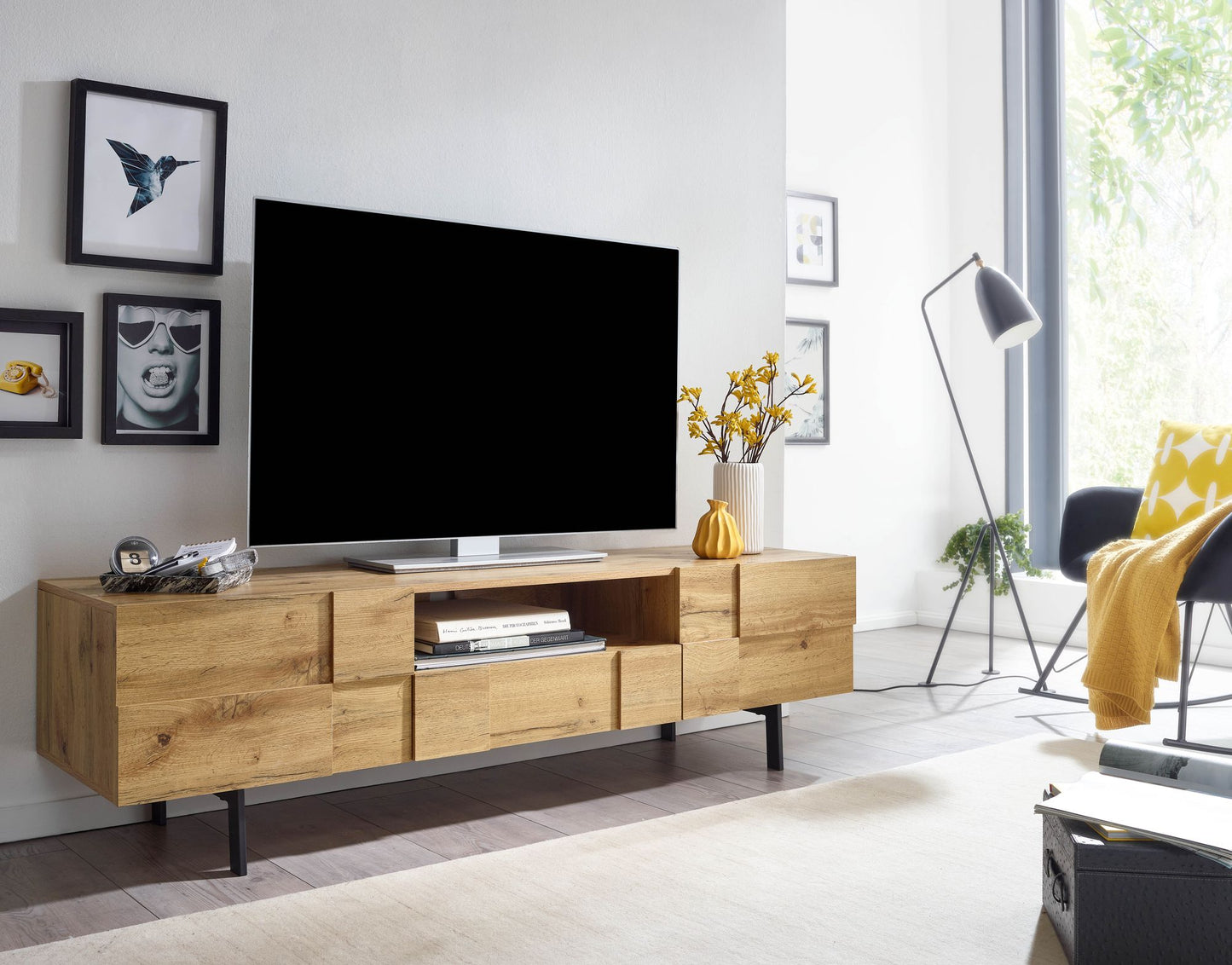 Lowboard Holz Eiche Dekor 160 mal 46 mal 43 cm TV Kommode mit zwei Tueren Design TV Schrank Hoch Fernsehtisch Fernsehschrank Modern Fernsehkommode Wohnzimmer