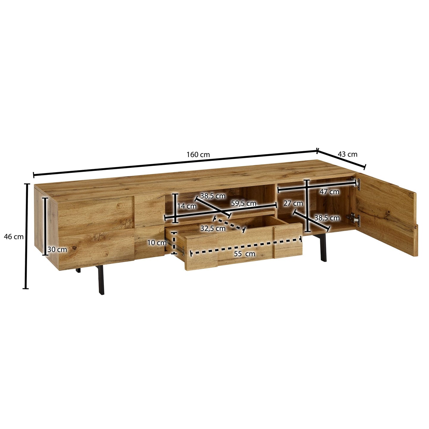 Lowboard Holz Eiche Dekor 160 mal 46 mal 43 cm TV Kommode mit zwei Tueren Design TV Schrank Hoch Fernsehtisch Fernsehschrank Modern Fernsehkommode Wohnzimmer