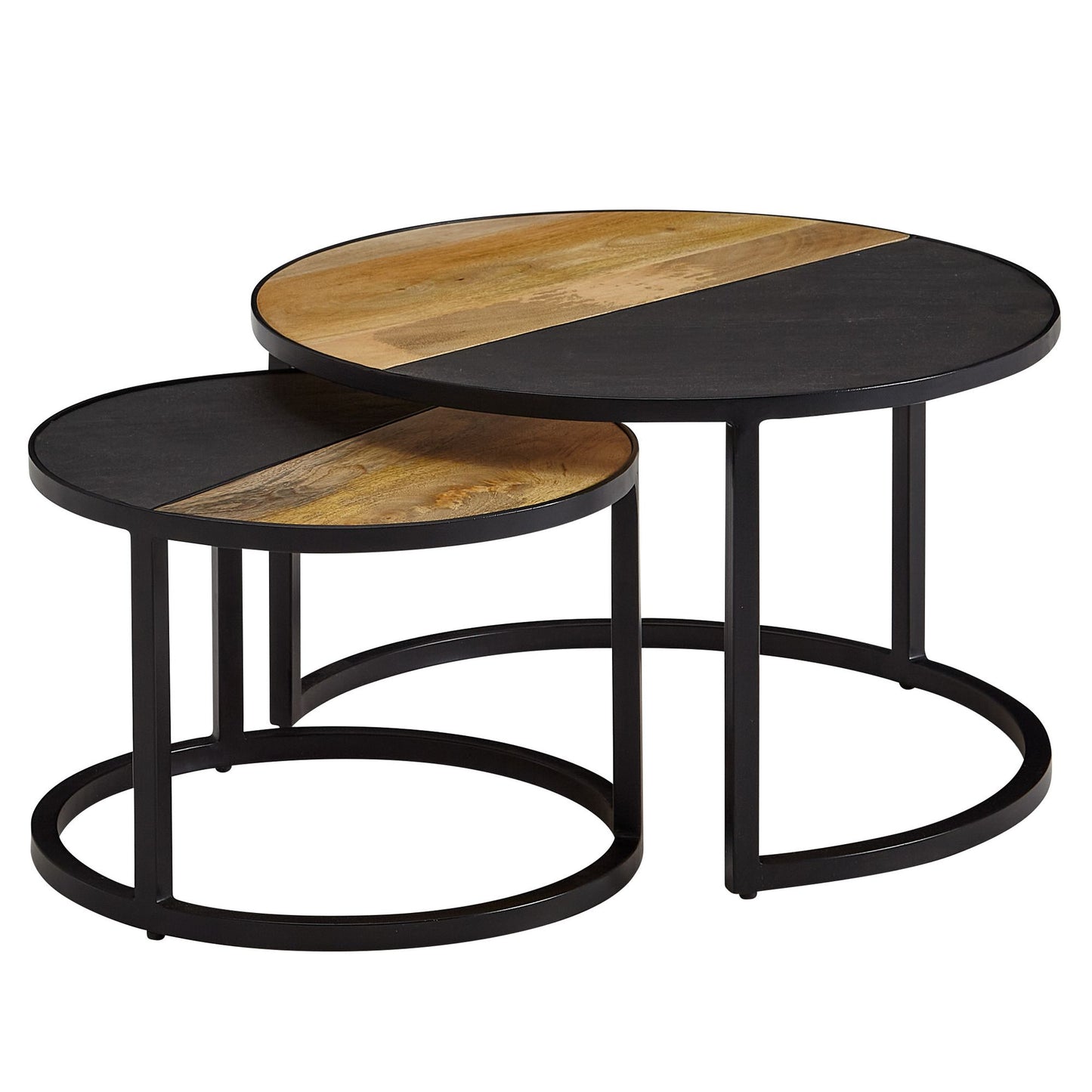 Couchtisch 2er Set Mango Massivholz Stein Optik Sofatisch Rund Modern Design Beistelltisch 2 teilig Runde Wohnzimmertische Holztisch Satztische Metall