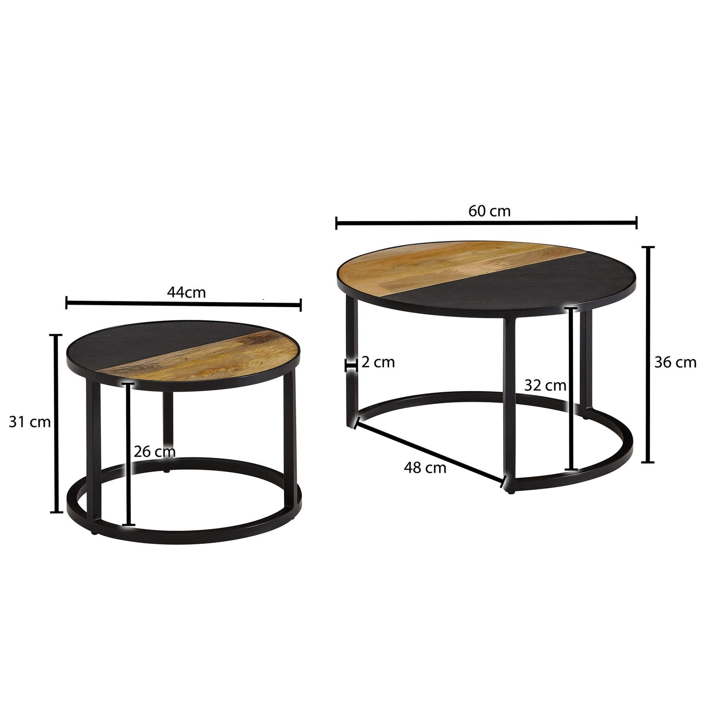 Couchtisch 2er Set Mango Massivholz Stein Optik Sofatisch Rund Modern Design Beistelltisch 2 teilig Runde Wohnzimmertische Holztisch Satztische Metall