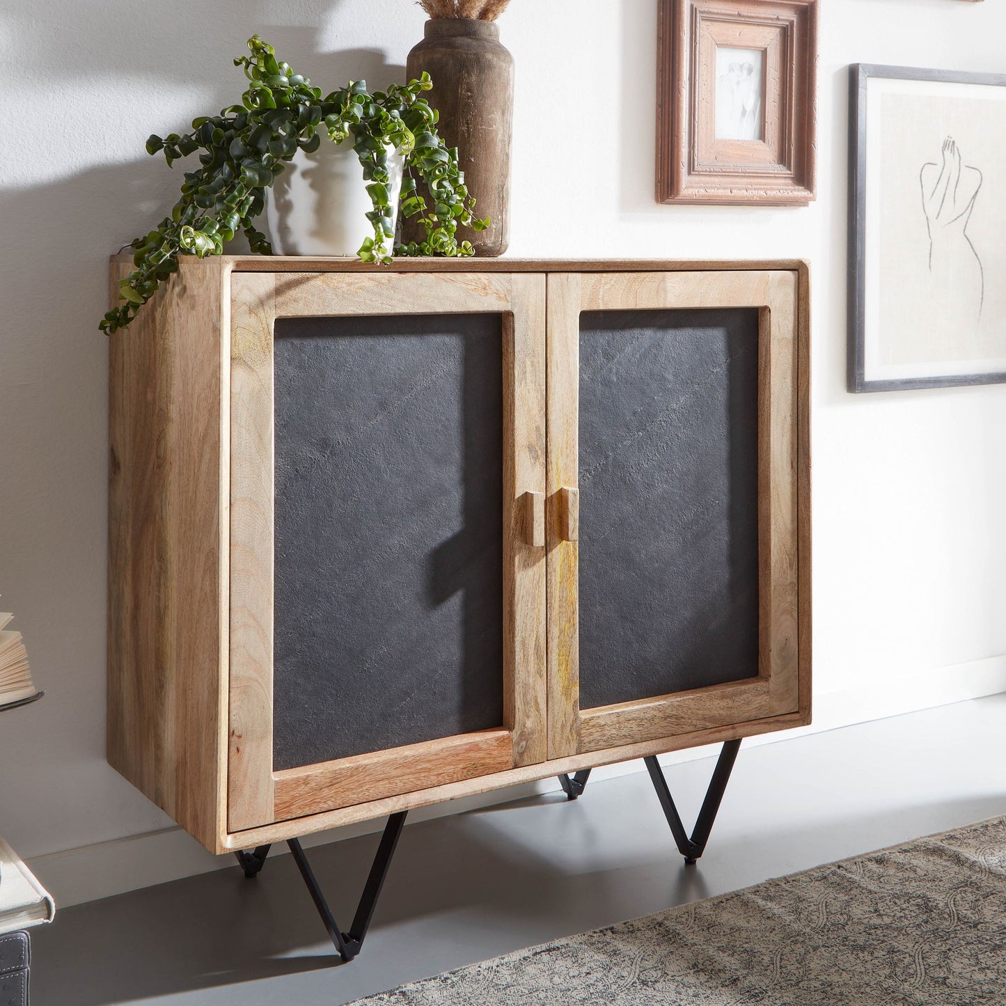 Sideboard 80 mal 75 mal 35 cm Mango Massivholz Stein Optik Anrichte Braun Kommode mit 2 Tueren Kleiner Kommodenschrank Holz Massiv Standschrank Mehrzweckkommode mit Metallgestell