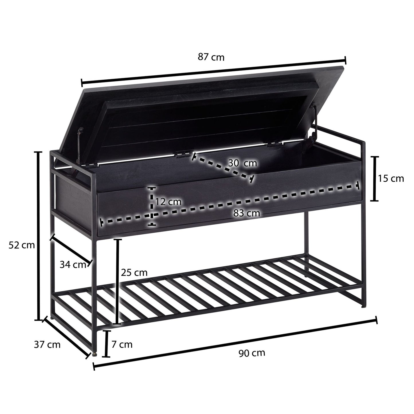 Sitzbank mit Stauraum 90 mal 52 mal 38 cm Mango Massivholz Metall Flurbank Schwarz Schuhbank mit Sitzflaeche Klein Schmale Garderobenbank mit Schuhregal