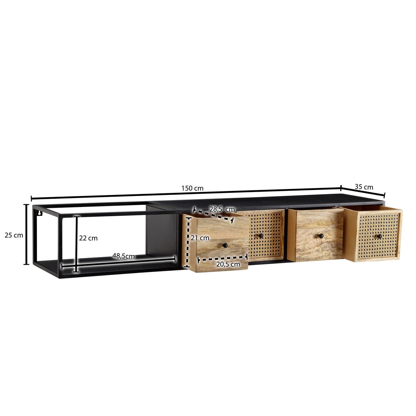 Lowboard Haengend Mango Massivholz Metall 150 mal 25 mal 35 cm TV Schrank Schwarz Design Fernsehtisch Wiener Geflecht Modern Fernsehschrank Wand TV Kommode Fernsehkommode zum Aufhaengen