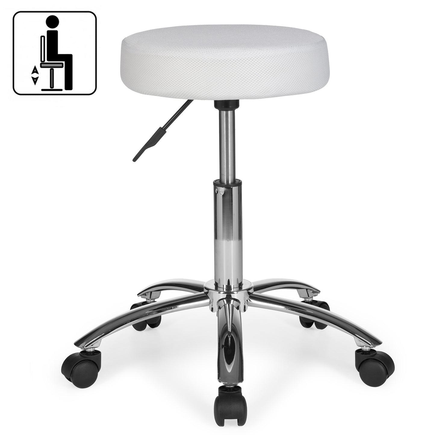 Hocker Design Arbeitshocker Stoffbezug Weiss Sitzhocker mit Rollen Rollhocker gepolstert ohne Lehne mal L
