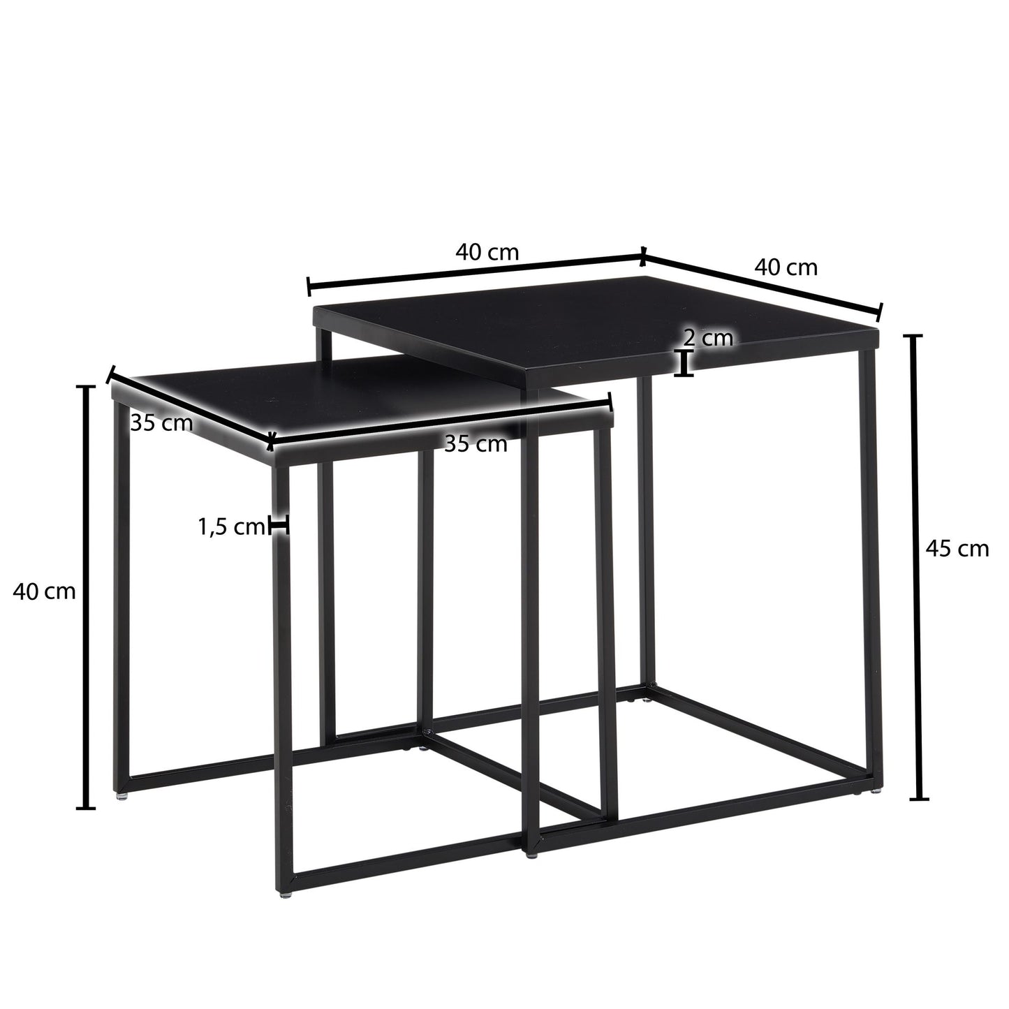 Wohnzimmertisch 2er Set Metall Beistelltisch Eckig Schwarz Design Beistelltisch Industrial Sofatisch Couchtisch Quadratisch Tischset 2 teilig Satztisch Stahl