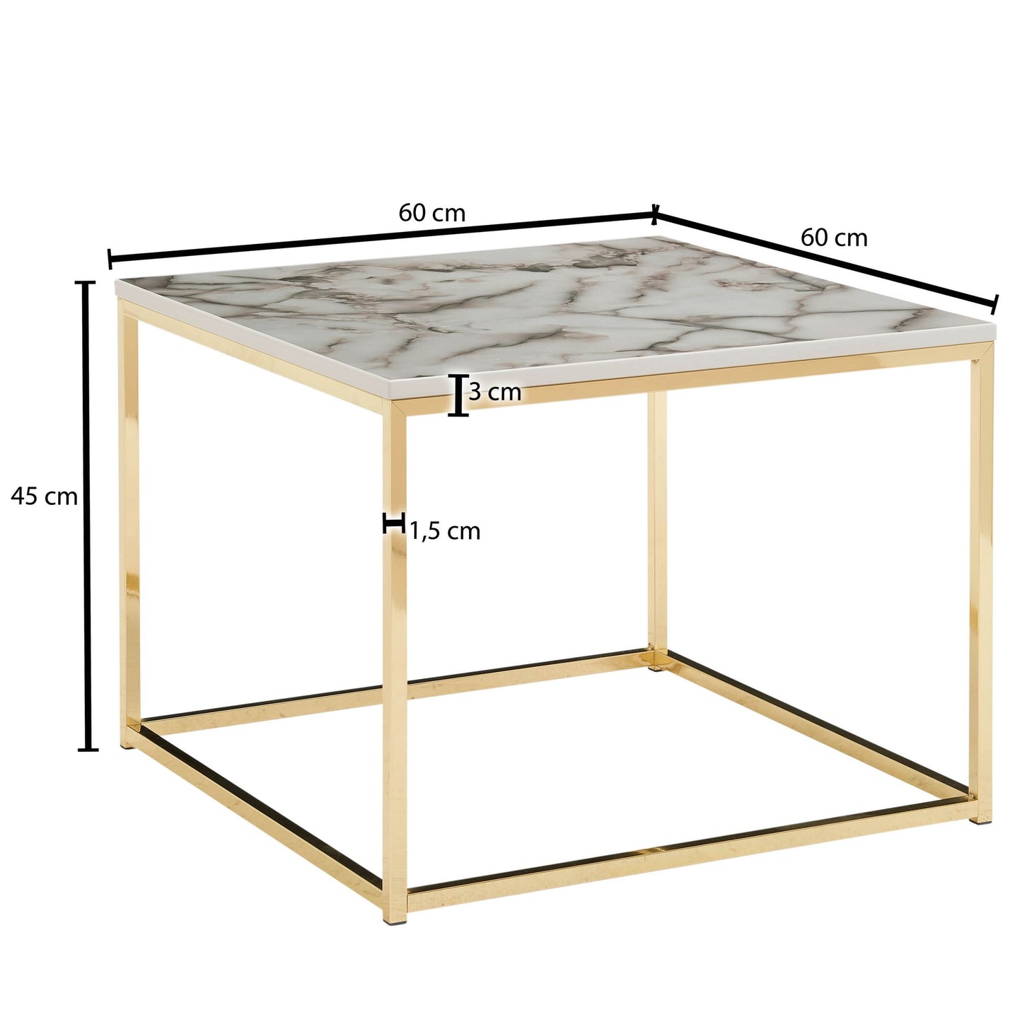 Couchtisch 60 mal 60 mal 45 cm mit Marmor Optik Weiss Gold Wohnzimmertisch mit Metall Gestell Sofatisch Eckig Tisch Wohnzimmer Beistelltisch