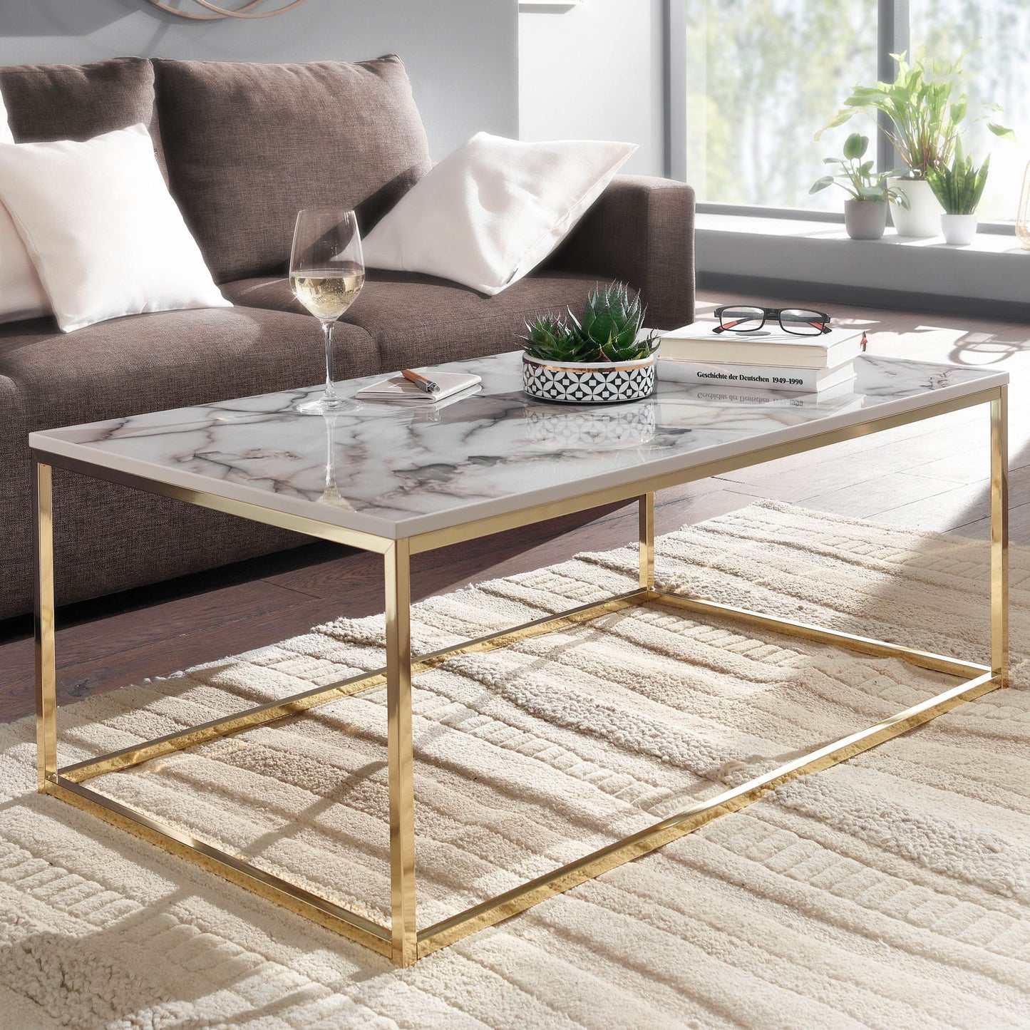 Couchtisch 100 mal 60 mal 40 cm mit Marmor Optik Weiss Gold Wohnzimmertisch mit Metall Gestell Sofatisch Eckig Tisch Wohnzimmer Beistelltisch