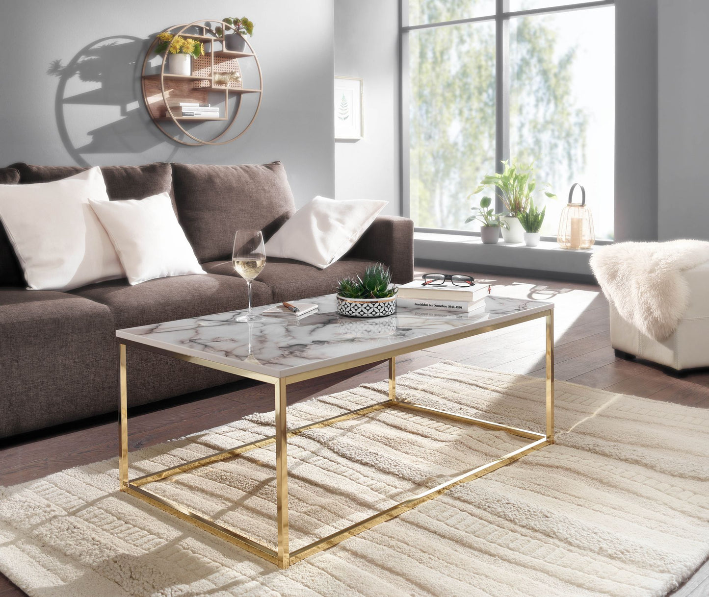 Couchtisch 100 mal 60 mal 40 cm mit Marmor Optik Weiss Gold Wohnzimmertisch mit Metall Gestell Sofatisch Eckig Tisch Wohnzimmer Beistelltisch
