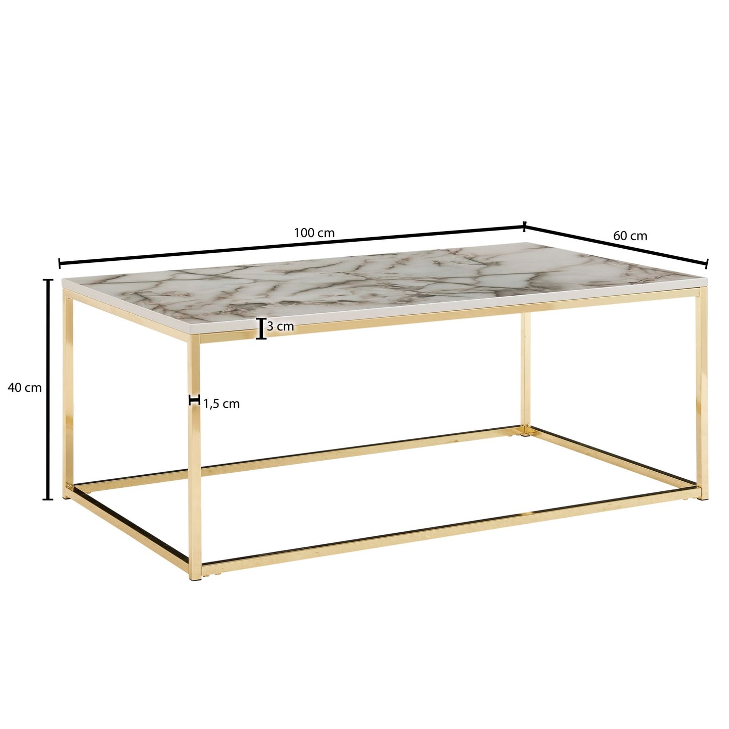 Couchtisch 100 mal 60 mal 40 cm mit Marmor Optik Weiss Gold Wohnzimmertisch mit Metall Gestell Sofatisch Eckig Tisch Wohnzimmer Beistelltisch