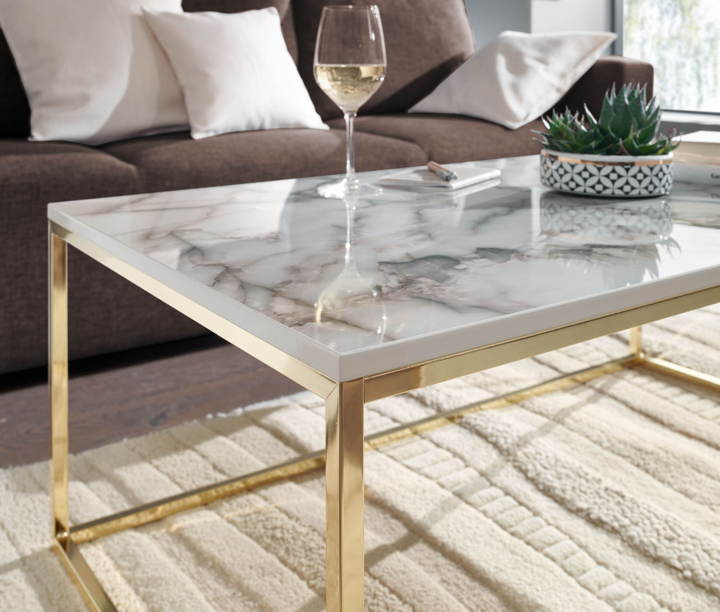 Couchtisch 100 mal 60 mal 40 cm mit Marmor Optik Weiss Gold Wohnzimmertisch mit Metall Gestell Sofatisch Eckig Tisch Wohnzimmer Beistelltisch