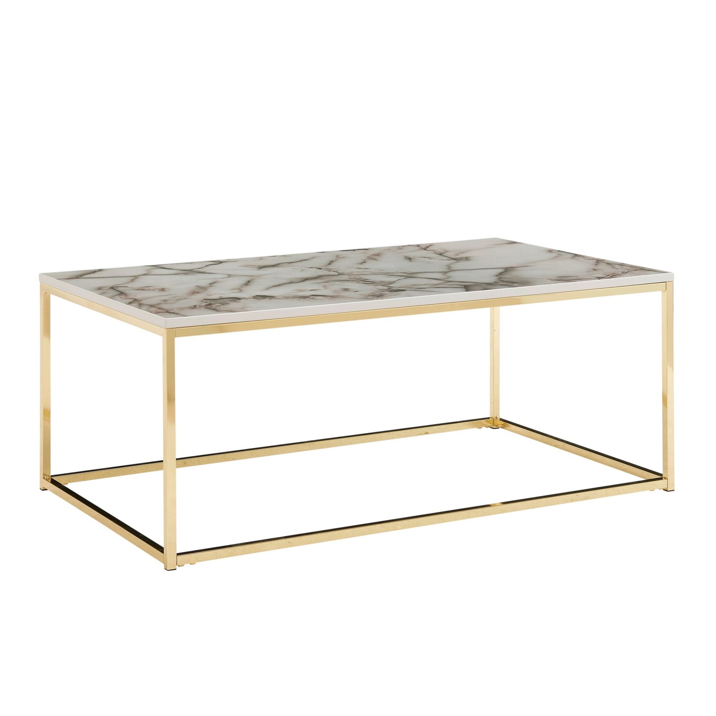 Couchtisch 100 mal 60 mal 40 cm mit Marmor Optik Weiss Gold Wohnzimmertisch mit Metall Gestell Sofatisch Eckig Tisch Wohnzimmer Beistelltisch