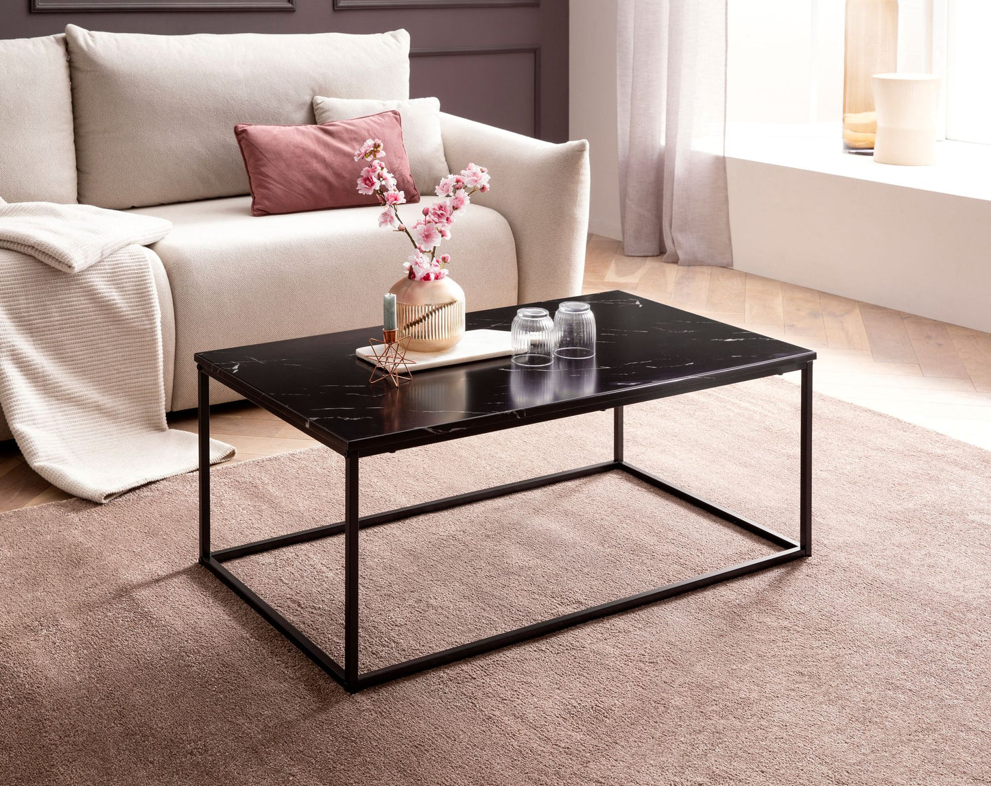 Couchtisch 100 mal 60 mal 40 cm mit Marmor Optik Schwarz Wohnzimmertisch mit Metall Gestell Sofatisch Eckig Tisch Wohnzimmer Beistelltisch