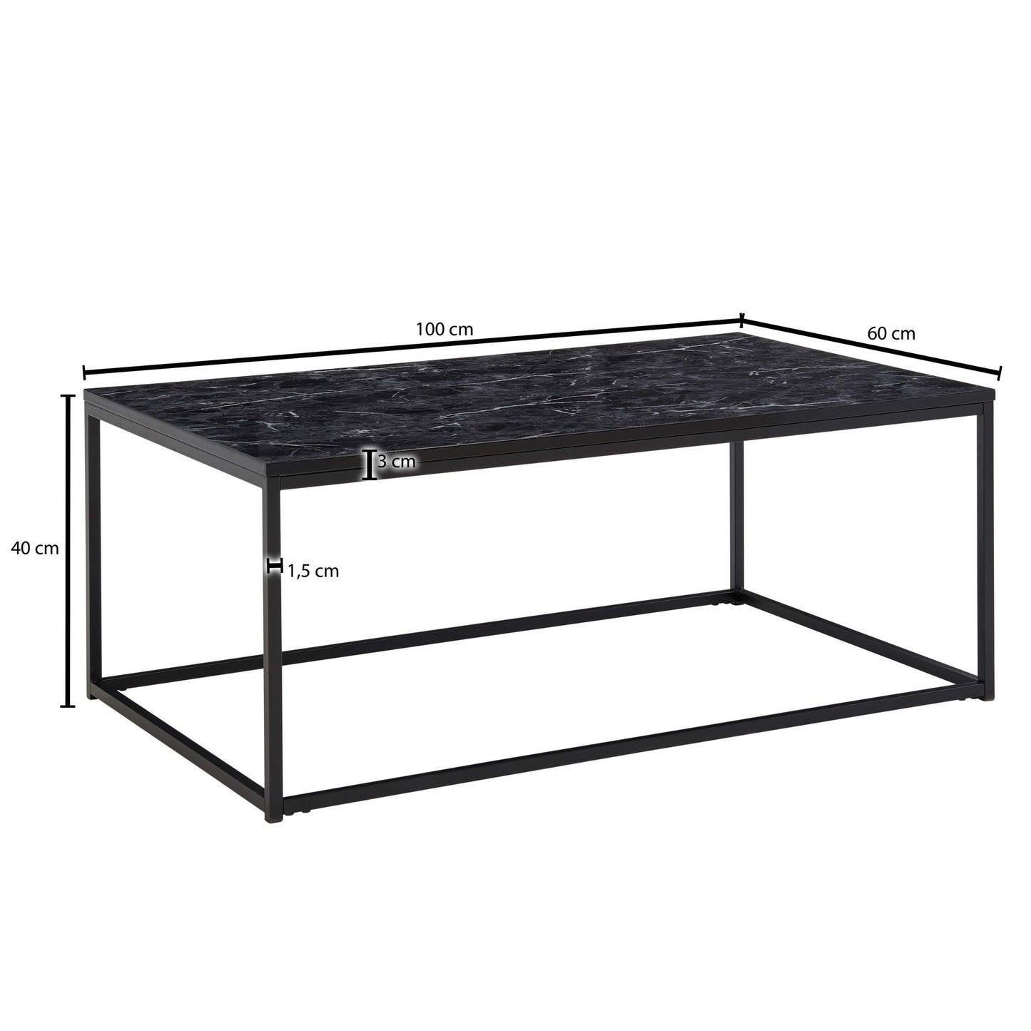 Couchtisch 100 mal 60 mal 40 cm mit Marmor Optik Schwarz Wohnzimmertisch mit Metall Gestell Sofatisch Eckig Tisch Wohnzimmer Beistelltisch