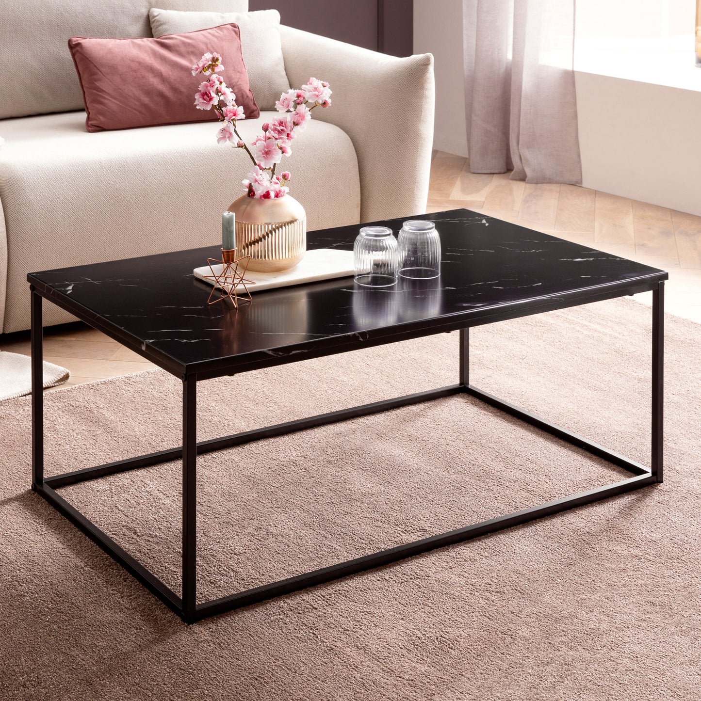 Couchtisch 100 mal 60 mal 40 cm mit Marmor Optik Schwarz Wohnzimmertisch mit Metall Gestell Sofatisch Eckig Tisch Wohnzimmer Beistelltisch