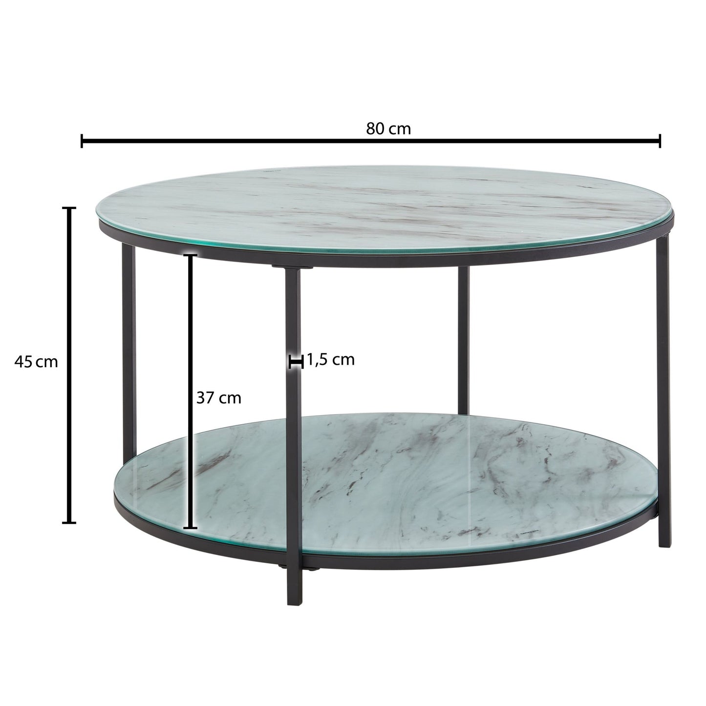 Couchtisch 80 mal 80 mal 45 cm Glas Sofatisch Rund Marmor Optik Weiss Schwarz Wohnzimmertisch mit Stauraum Kaffeetisch Metall Kleiner Tisch Beistelltisch Wohnzimmer Modern