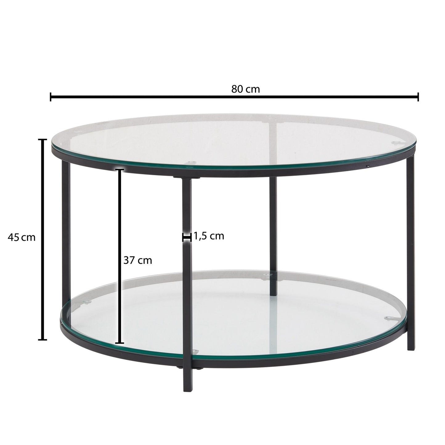 Couchtisch 80 mal 80 mal 45 cm Glas Metall Wohnzimmertisch Rund Modern Sofatisch mit Stauraum Loungetisch mit Ablagefach Kaffeetisch Beistelltisch