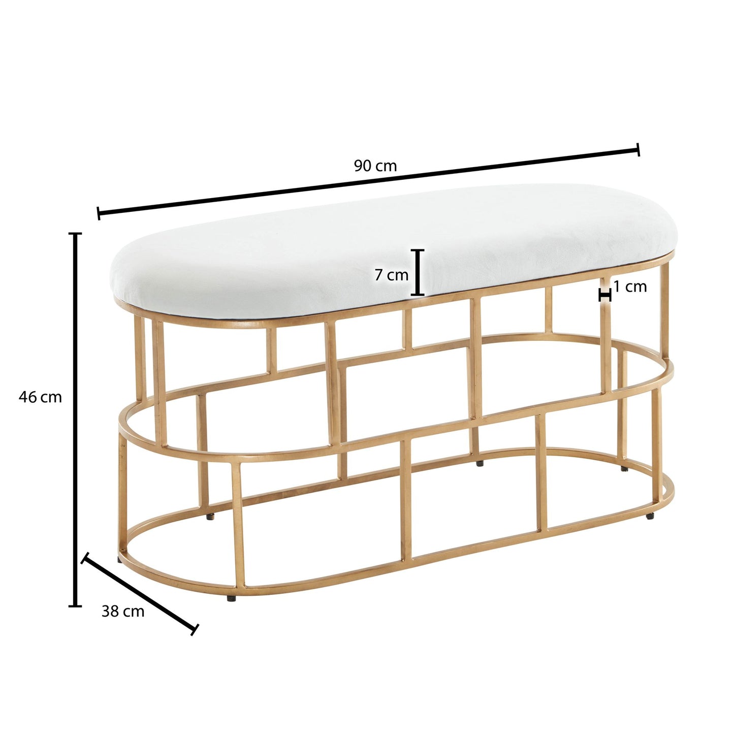 Sitzbank Samt Weiss Gold 90 mal 46 mal 38 cm Flur Polsterbank mit Metallgestell Design Bettbank Schlafzimmer Flurbank Garderobenbank Modern