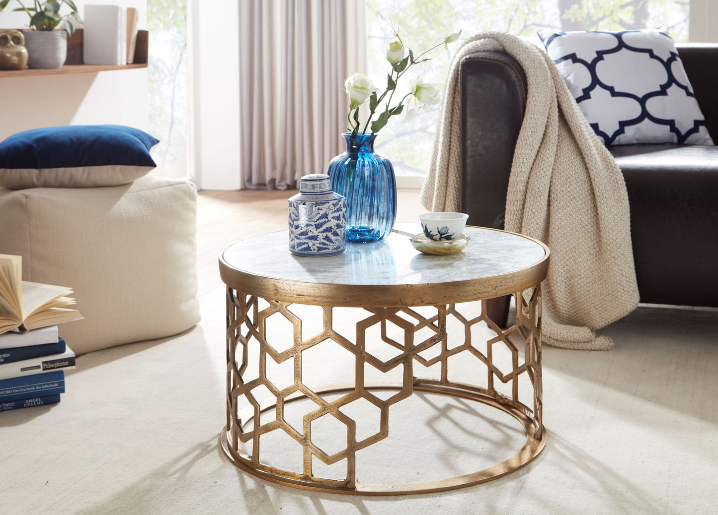 Couchtisch Echter Marmor Weiss 60 mal 60 mal 36 cm Sofatisch Metall Gold Design Wohnzimmertisch Rund Kleiner Kaffeetisch Modern Beistelltisch Anstelltisch Wohnzimmer