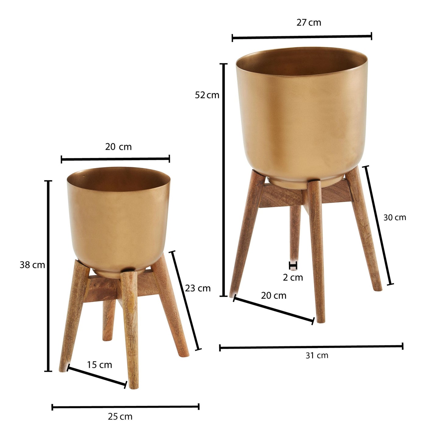 Blumentopf 2er Set Metall Massivholz Pflanzkuebel Gold mit Fuessen Design Pflanzenkuebel Rund Blumenkuebel Pflanzgefaess