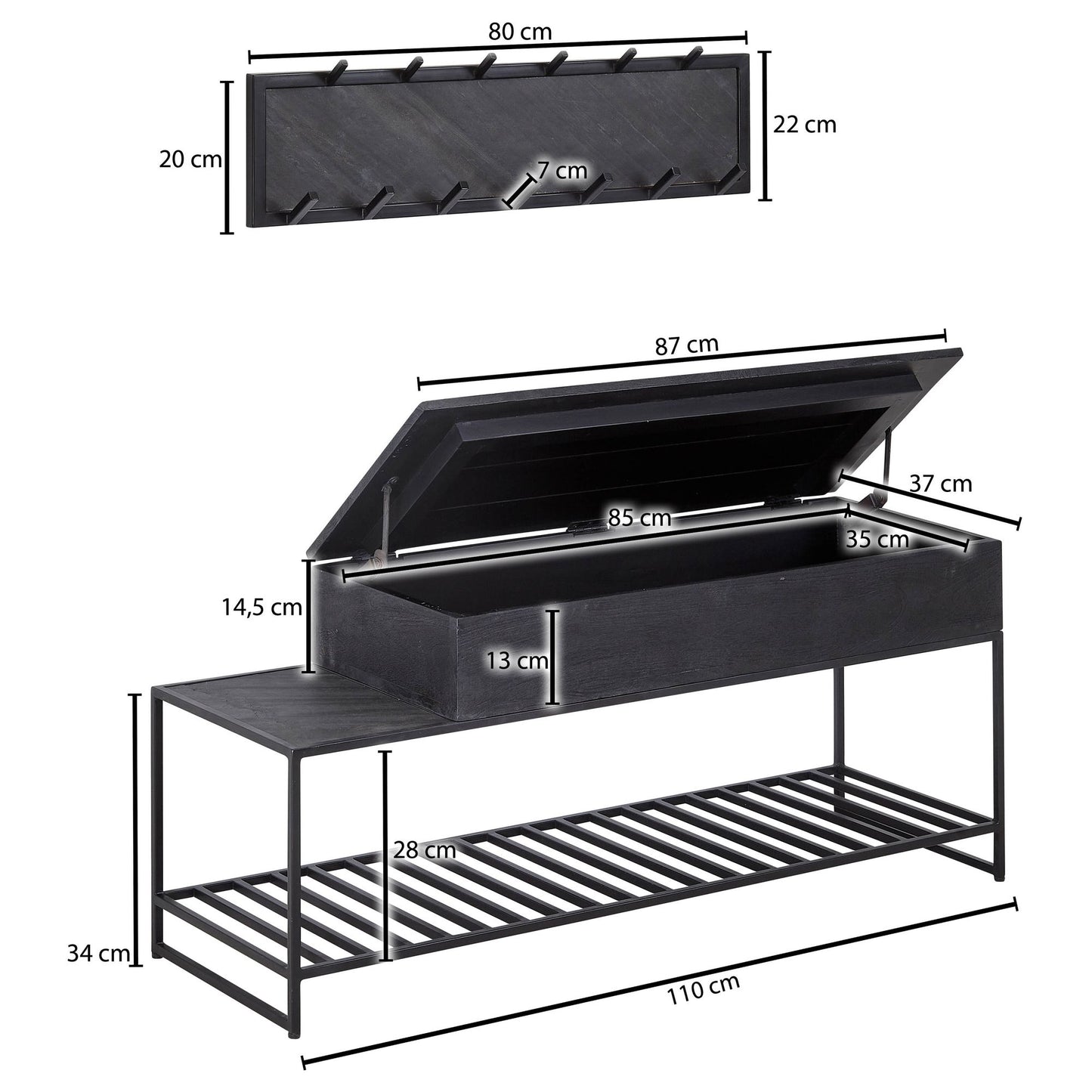 Sitzbank mit Wandgarderobe Schwarz Mango Massivholz Schuhbank 110 cm Design Garderoben Set Industrial Flur Garderobenbank mit Stauraum und Schuhregal Flurbank mit Sitzflaeche