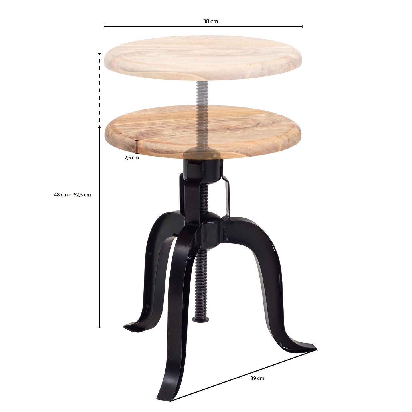 Drehhocker 39 mal 62 5 mal 39 cm Akazie Massivholz Metall Schwarz Drehbar Design Dekohocker Hoehenverstellbar Stehhocker Rund Industrie Kleiner Barhocker Metallhocker mit Holzplatte Modern