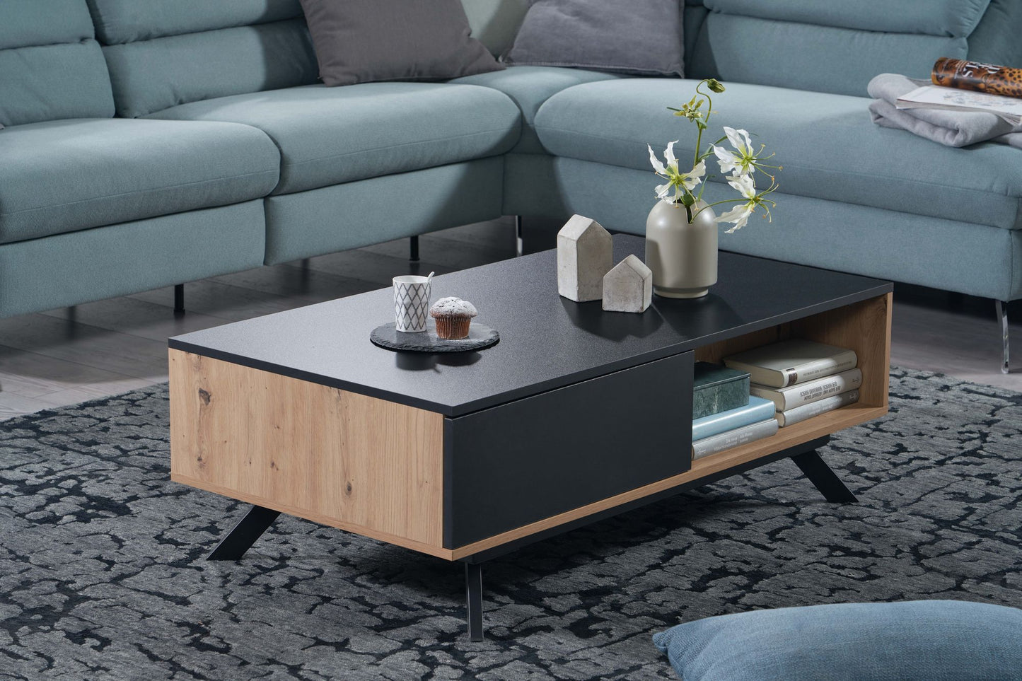 Couchtisch 110 mal 60 mal 38 cm MDF Eiche Dekor Schwarz Wohnzimmertisch Sofatisch Rechteckig mit Stauraum Kaffeetisch mit Schubladen Tisch Wohnzimmer mit Metallbeine