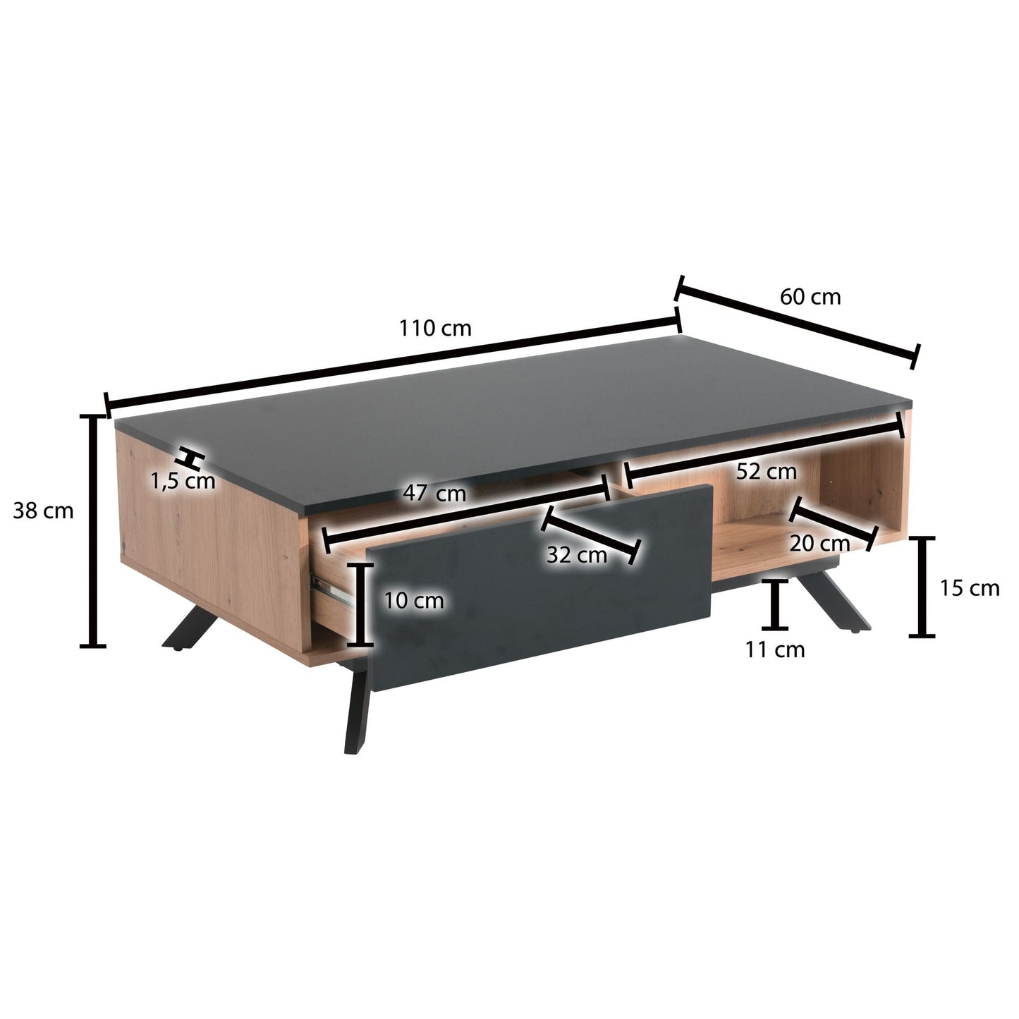 Couchtisch 110 mal 60 mal 38 cm MDF Eiche Dekor Schwarz Wohnzimmertisch Sofatisch Rechteckig mit Stauraum Kaffeetisch mit Schubladen Tisch Wohnzimmer mit Metallbeine