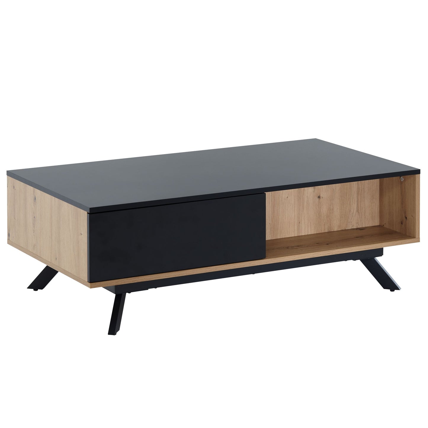 Couchtisch 110 mal 60 mal 38 cm MDF Eiche Dekor Schwarz Wohnzimmertisch Sofatisch Rechteckig mit Stauraum Kaffeetisch mit Schubladen Tisch Wohnzimmer mit Metallbeine