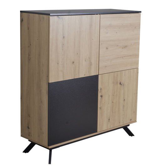 Highboard 110 mal 125 mal 40 cm MDF Sideboard in Eiche Dekor Schwarz Kommode mit 4 Tueren Kommodenschrank Flurschrank Modern Standschrank Anrichte mit Metallbeine