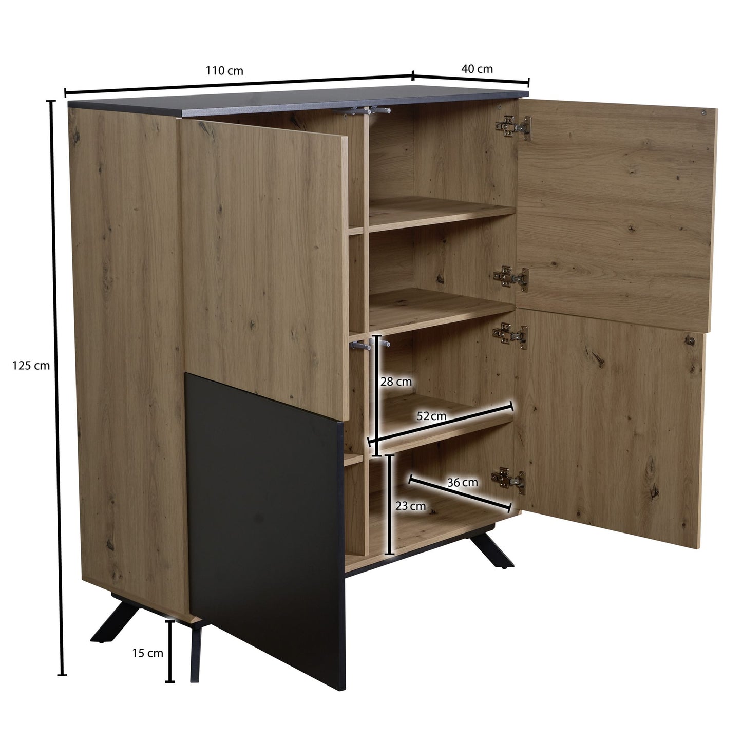 Highboard 110 mal 125 mal 40 cm MDF Sideboard in Eiche Dekor Schwarz Kommode mit 4 Tueren Kommodenschrank Flurschrank Modern Standschrank Anrichte mit Metallbeine