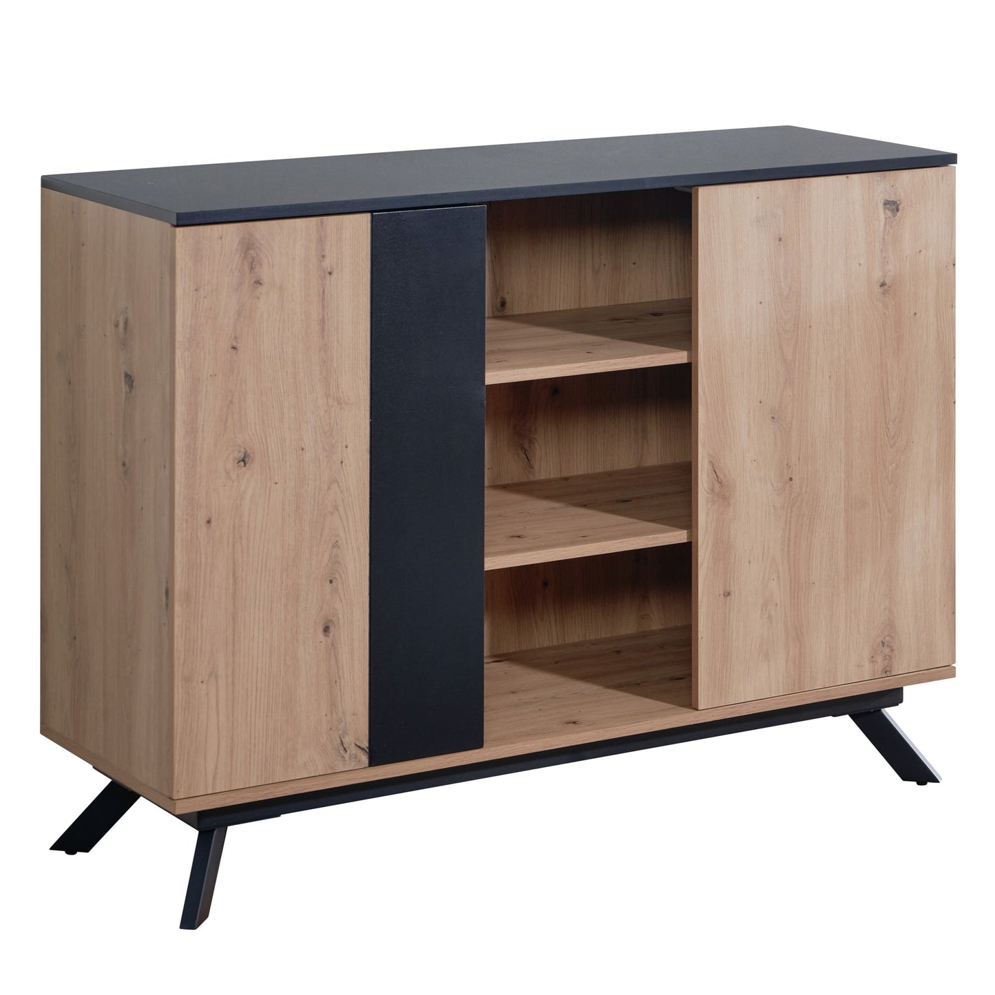 Sideboard 110 mal 87 mal 40 cm MDF Anrichte in Eiche Dekor Schwarz Kommode mit 2 Tueren Kommodenschrank Flurschrank Modern Standschrank Wohnzimmer mit Metallbeine